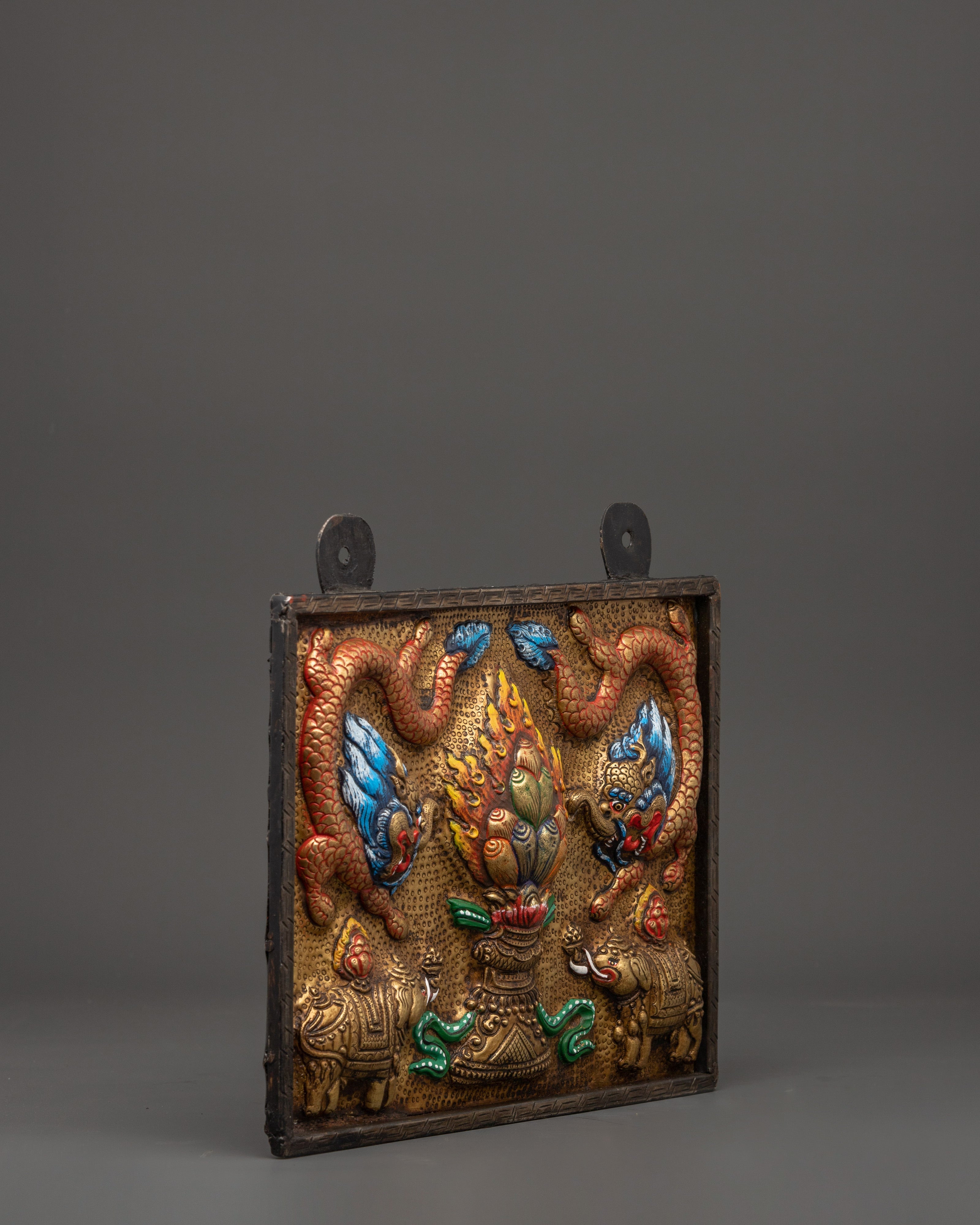 Handcrafted Brass Tibetan Wall Hanging | Tibetan Decor with Elephants & Dragon
