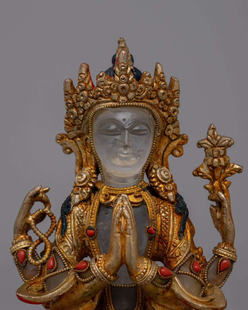 Crystal Statue of Buddha Chenresig | Embodying Compassion and Enlightenment in Translucent Clarity