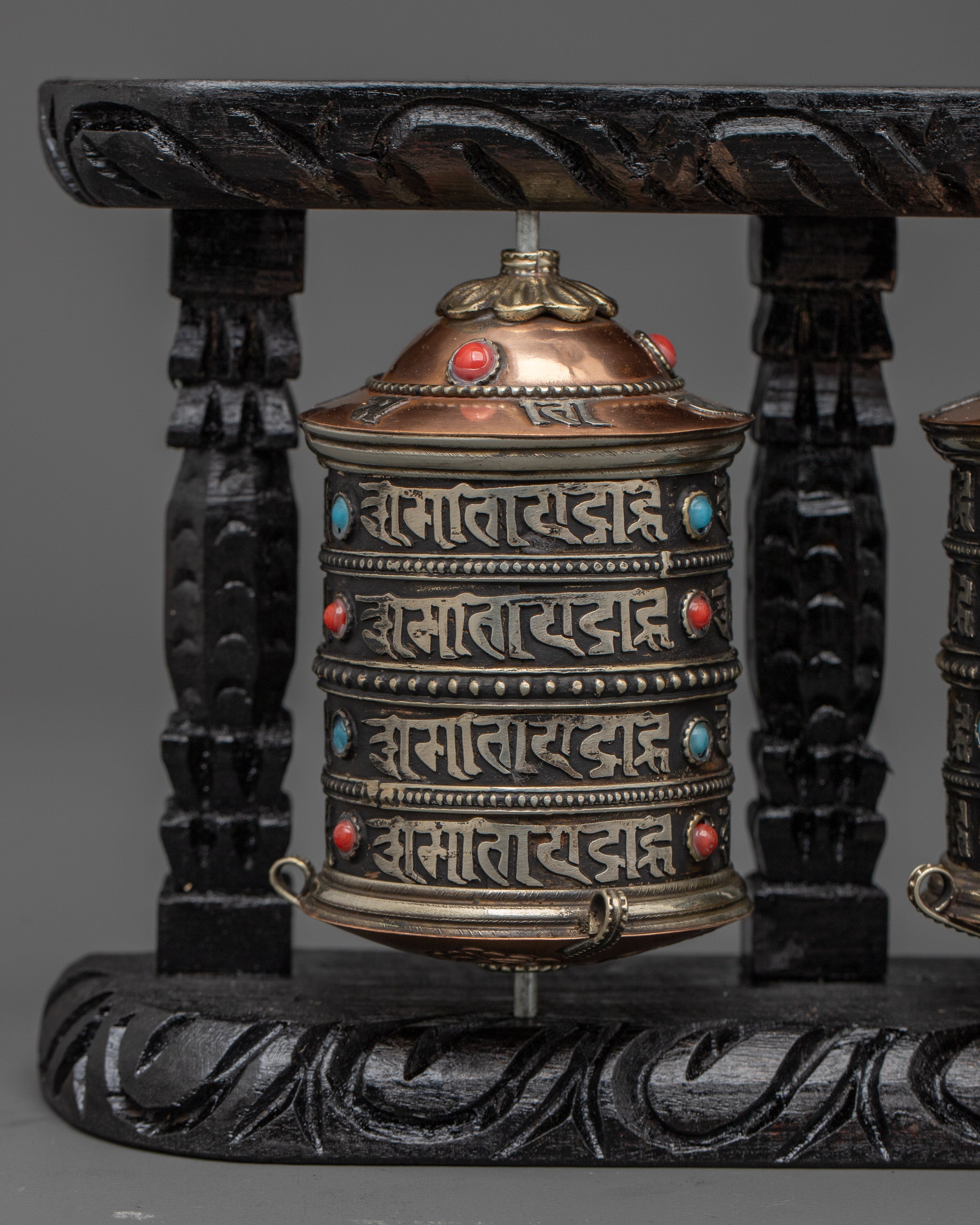 Three-Wheel Prayer Spinner in Wooden Frame | Tibetan Buddhist Home Blessing Tool