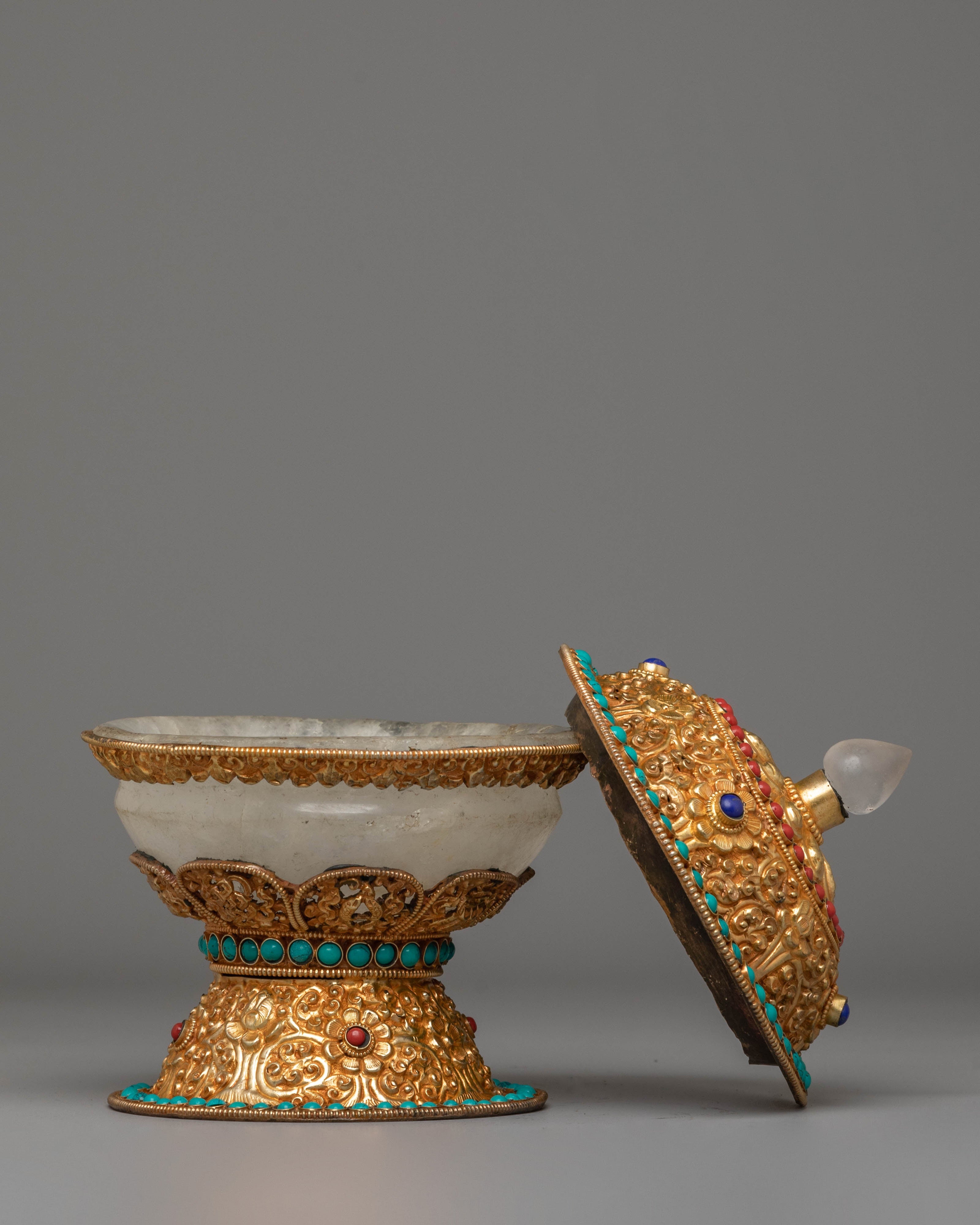 Spiritual Buddhist Rice Pot | Electro Gold-Plated Copper with Coral & Turquoise