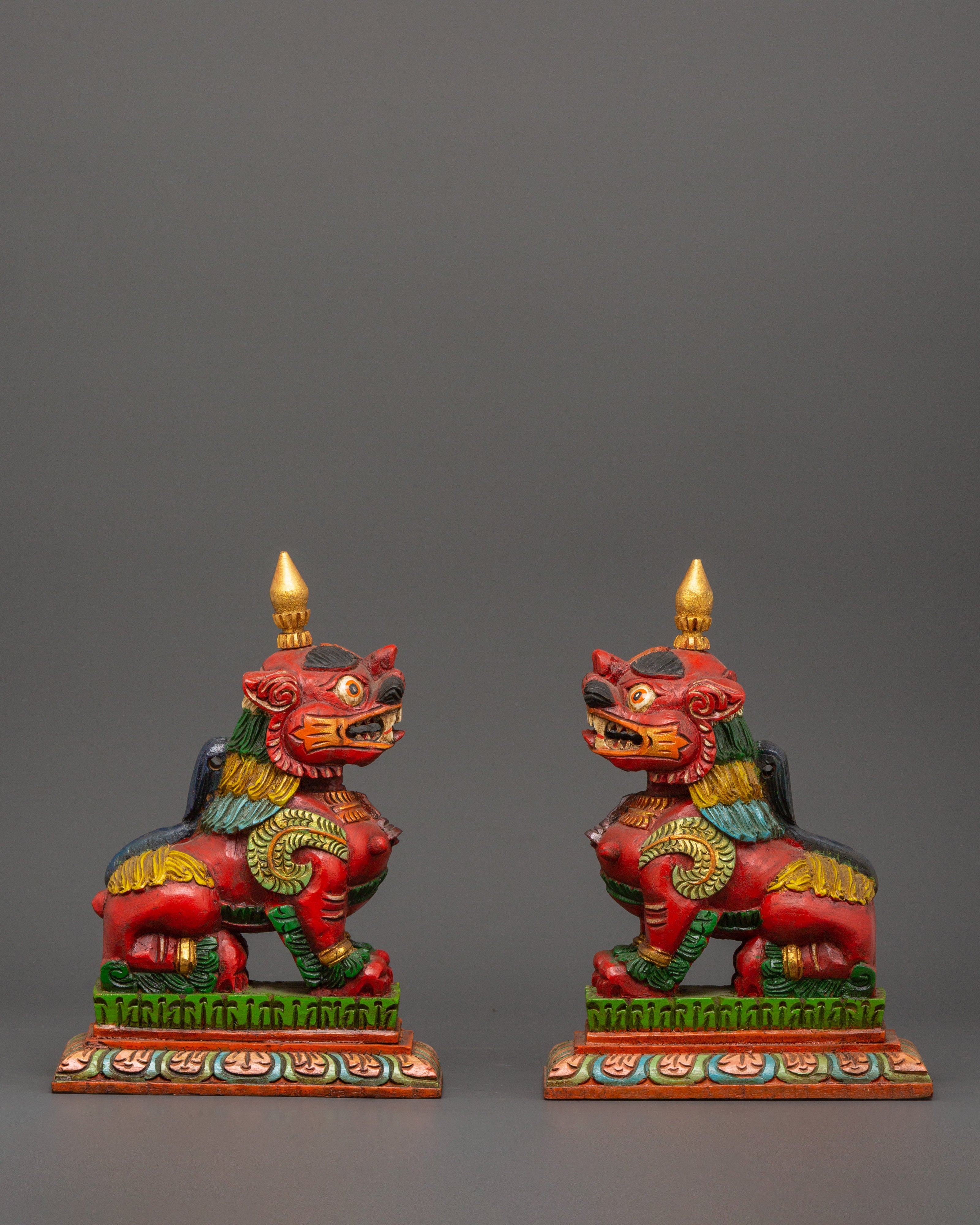 Tibetan Snow Lion Statue Set | Hand-Carved Wooden Guardian Figures for Protection