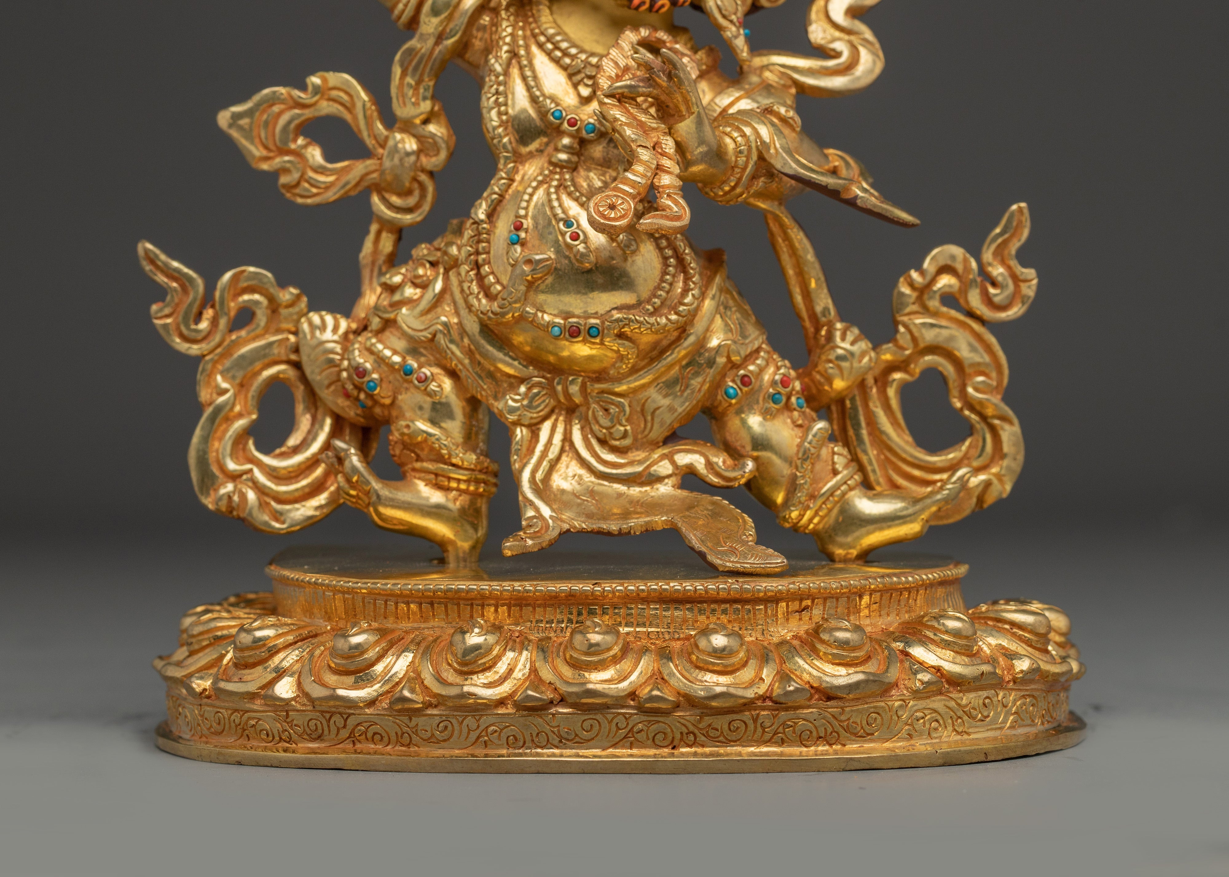 Vajrapani Deity Sculpture with Gemstone Detailing | Gold Gilded Copper Protector Statue