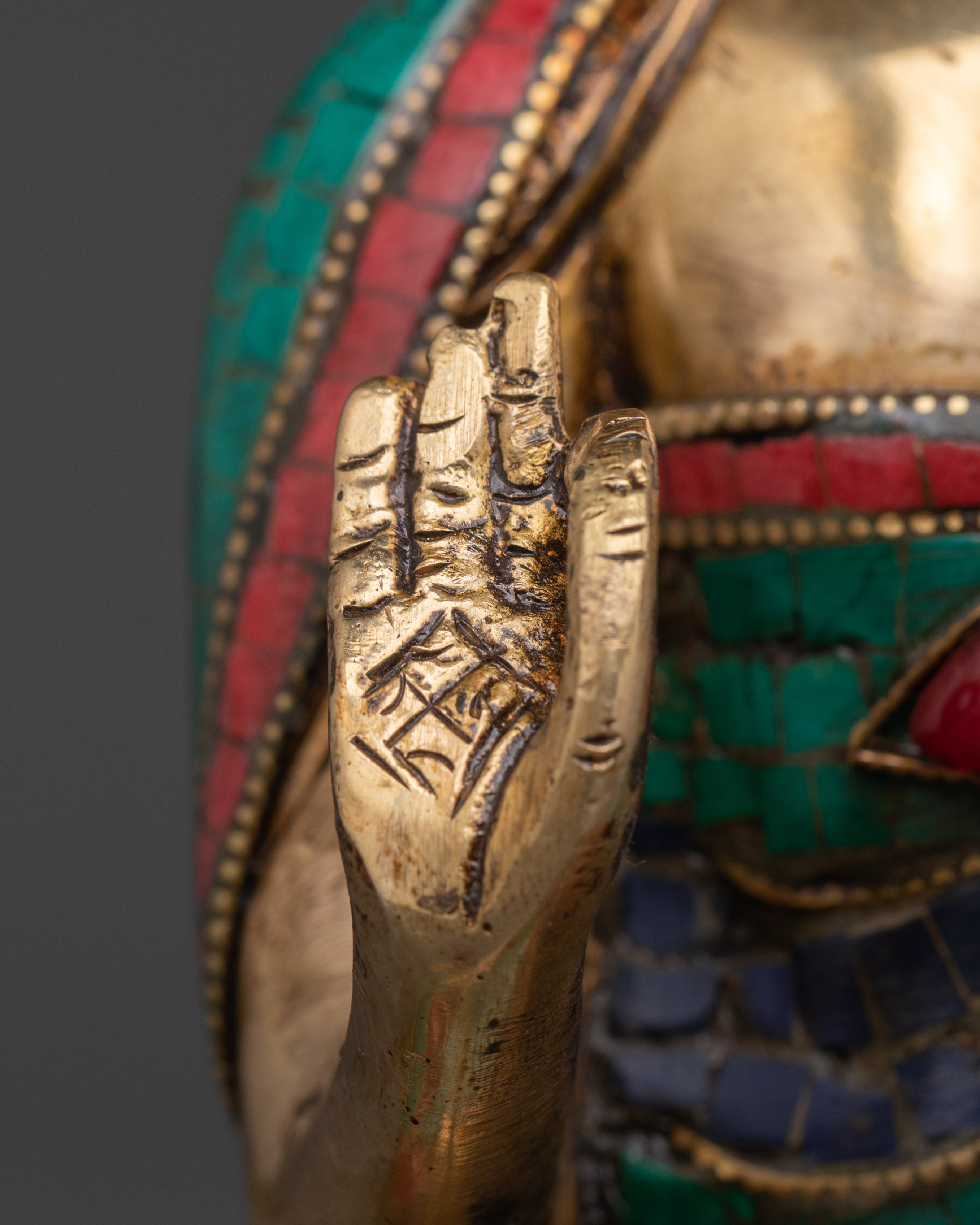 Handmade Amoghasiddhi Buddha Sculpture | Brass, Coral & Turquoise Inlay