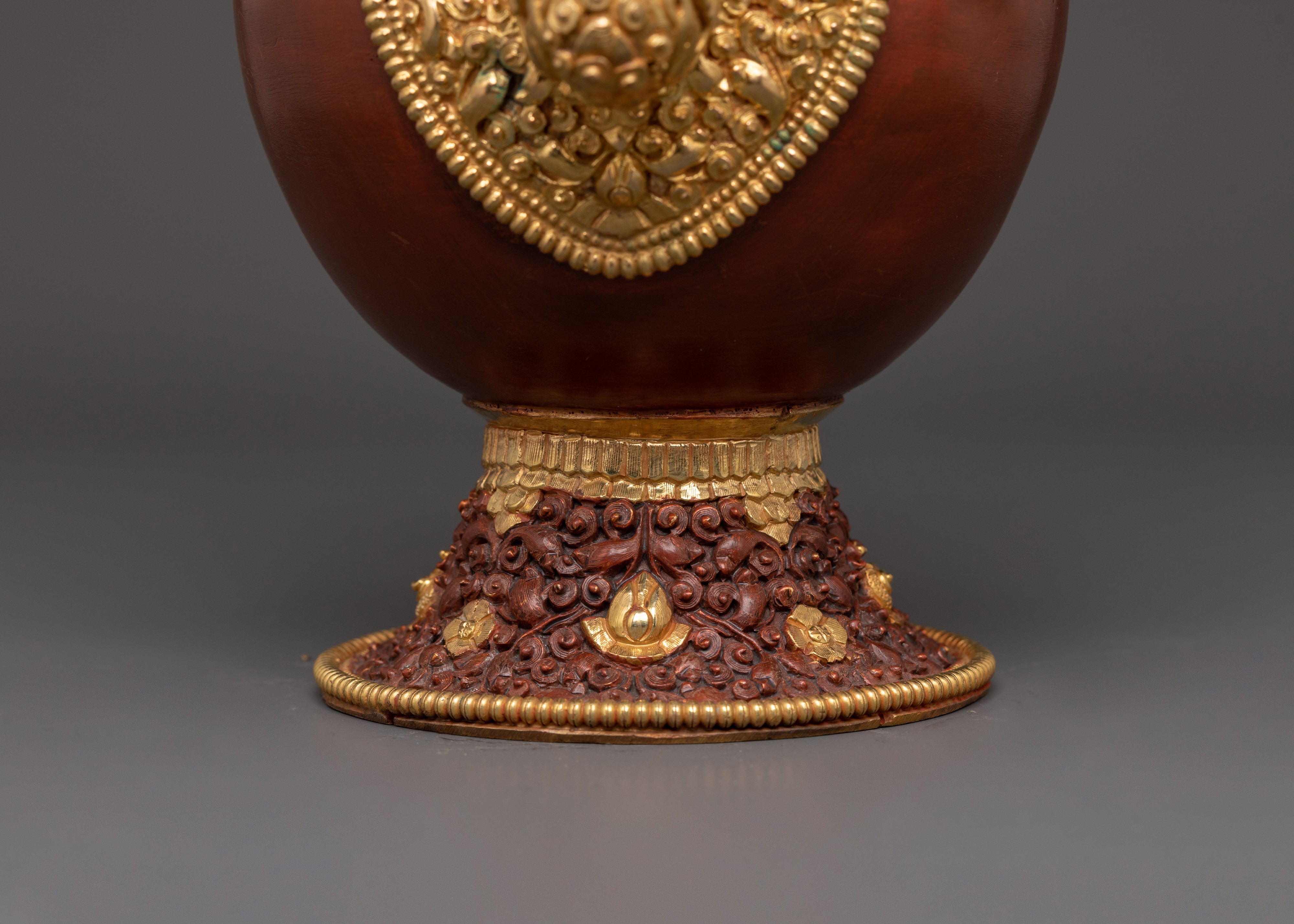 Pair of Tibetan Bhumba Vases | Gold-Plated Copper Vessels with Coral Inlay
