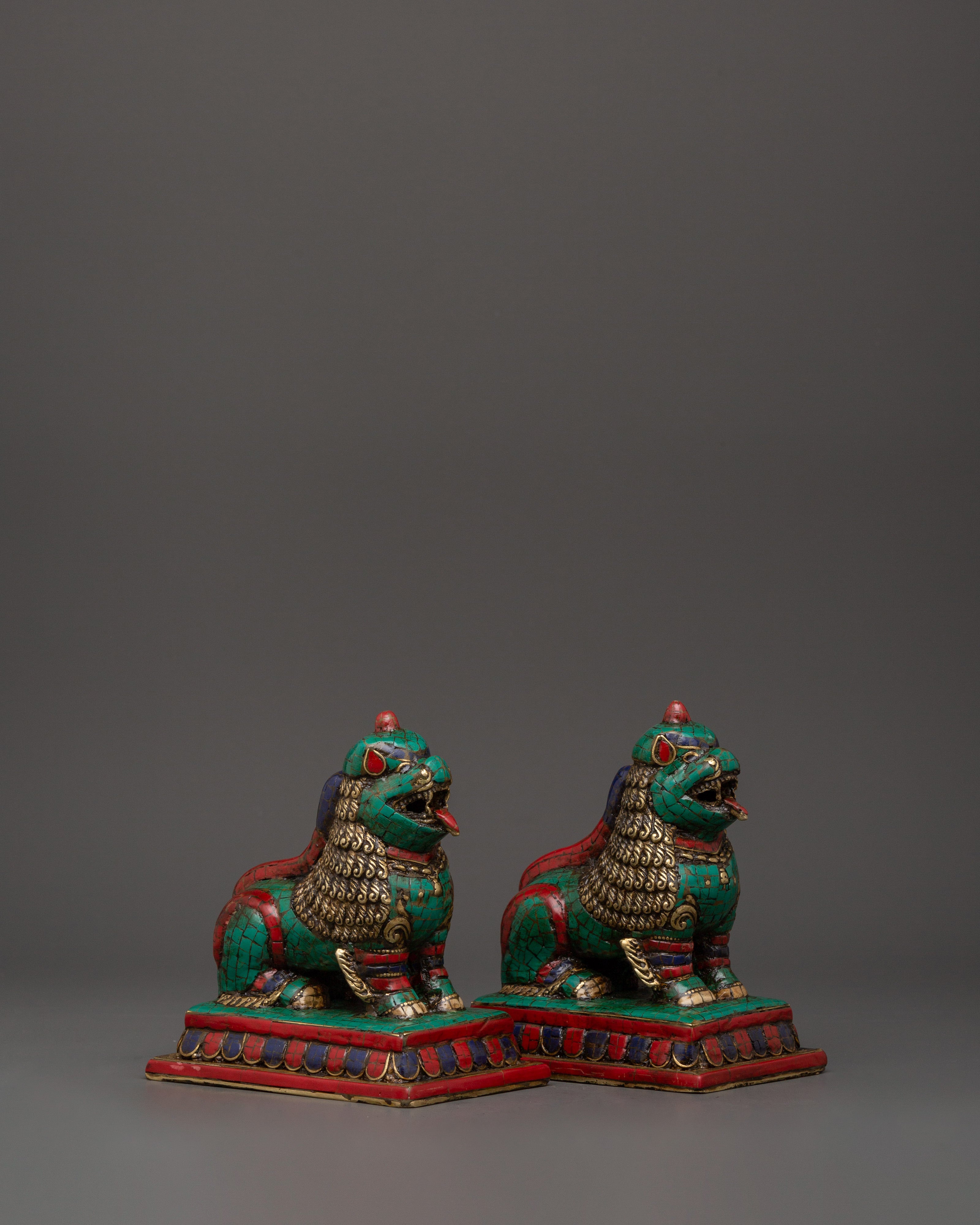 Tibetan Lion Set Brass Guardian Statues | Inlaid with Coral & Turquoise
