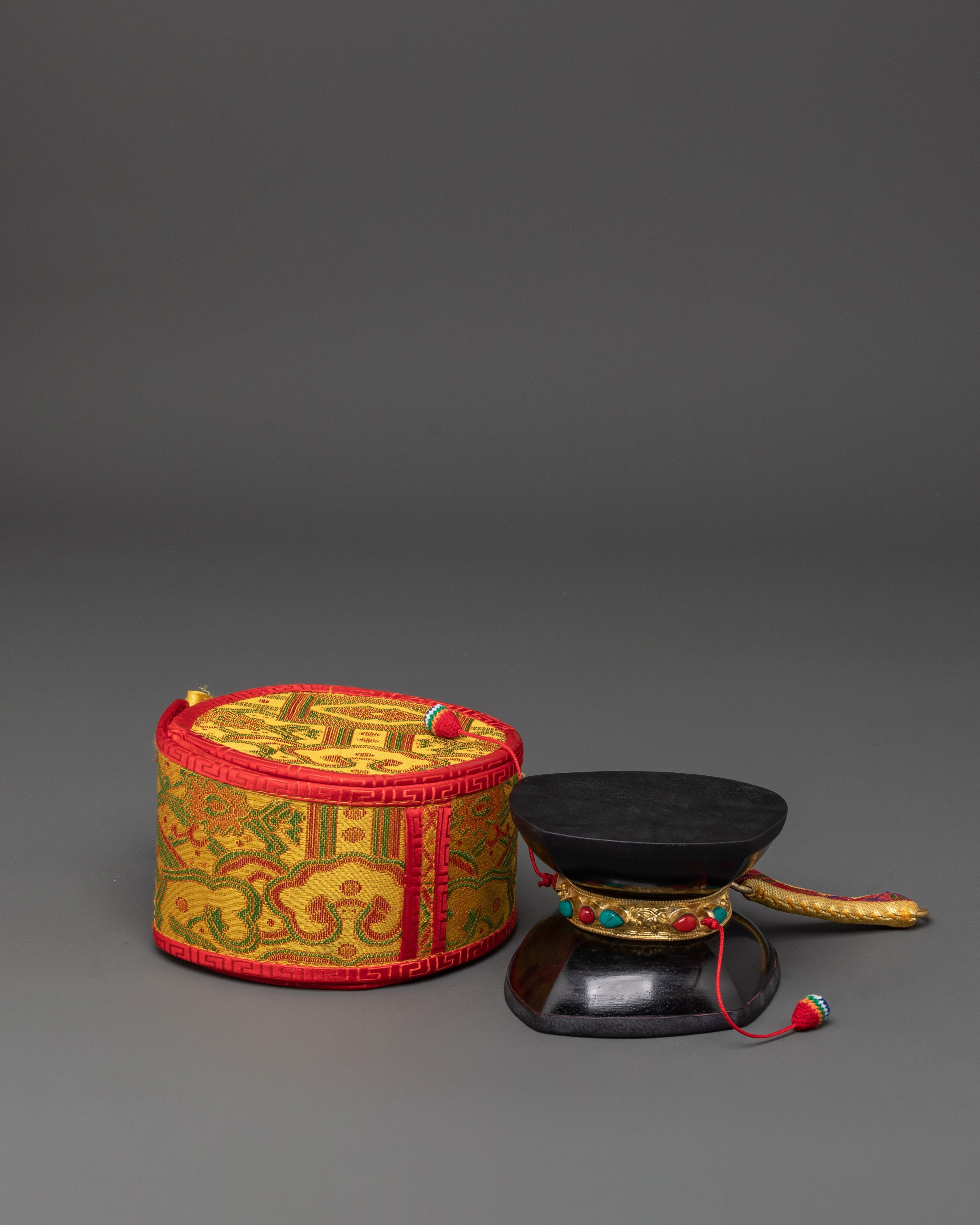Handheld Acacia Wood Damaru | Tibetan Ritual Drum with Gold Plated