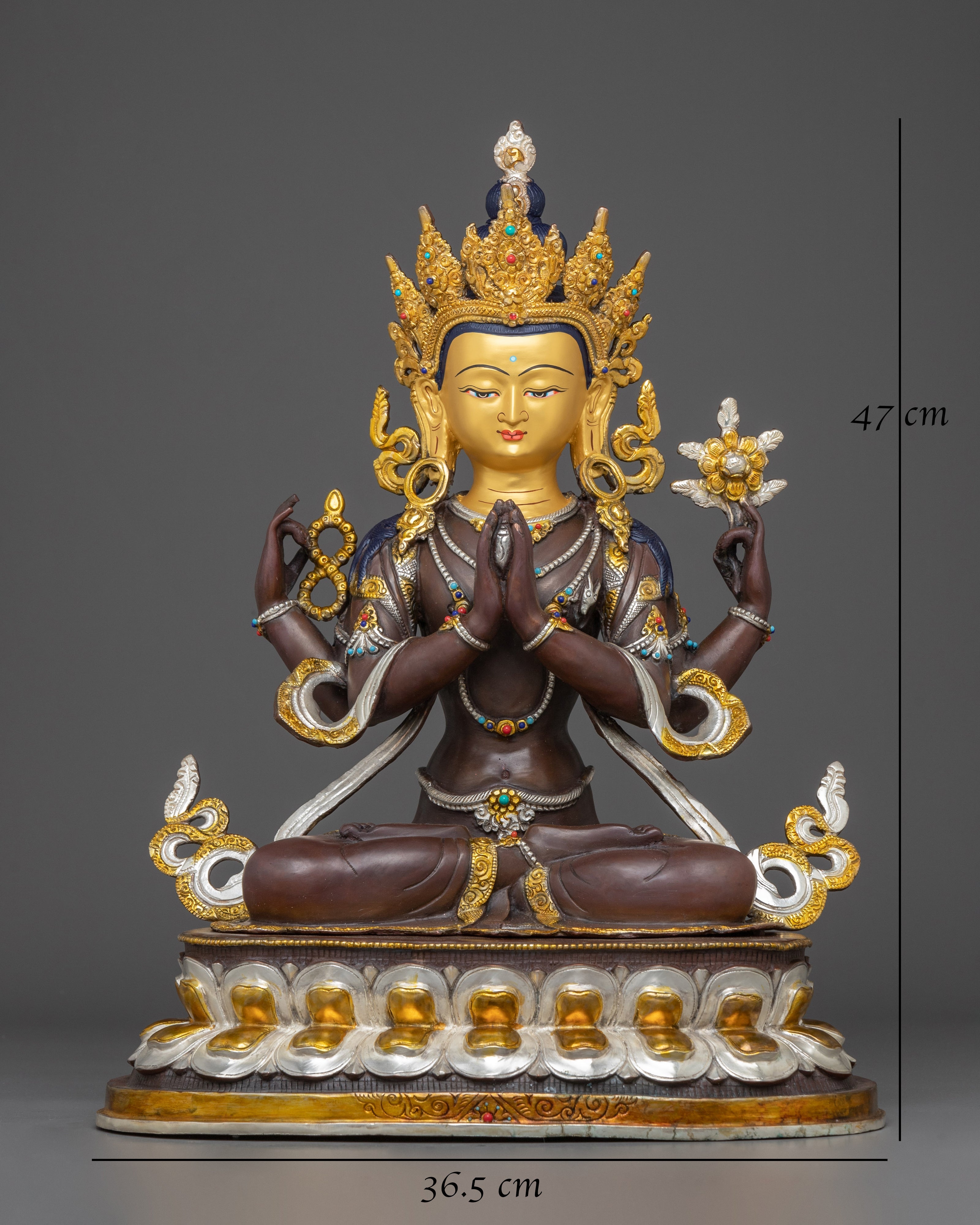 Handcrafted Four-Armed Chenrezig Statue | Oxidized Copper & Gold Plated Figurine