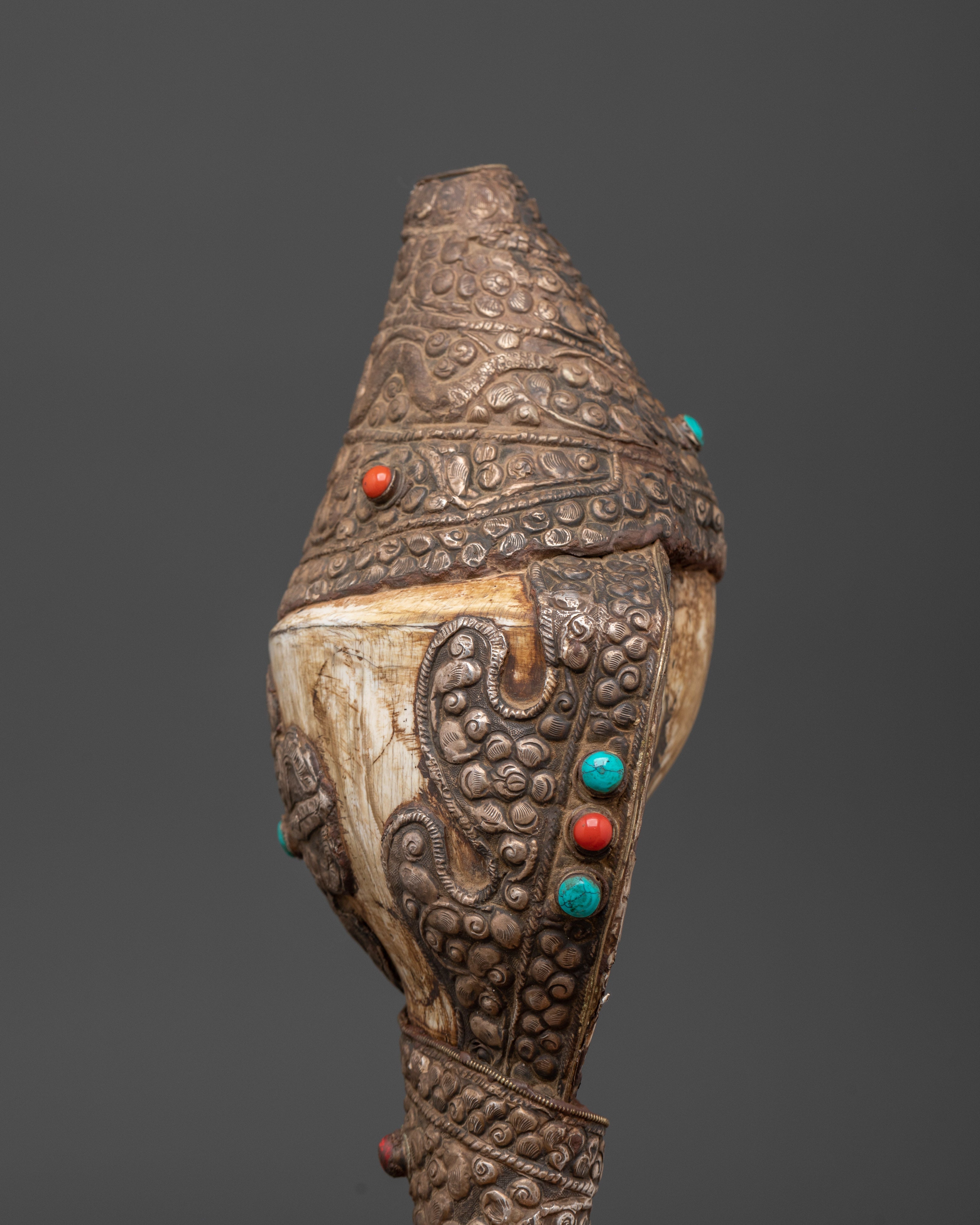 Buddhist Copper Conch Shell | Tibetan Ritual Trumpet with Coral and Turquoise