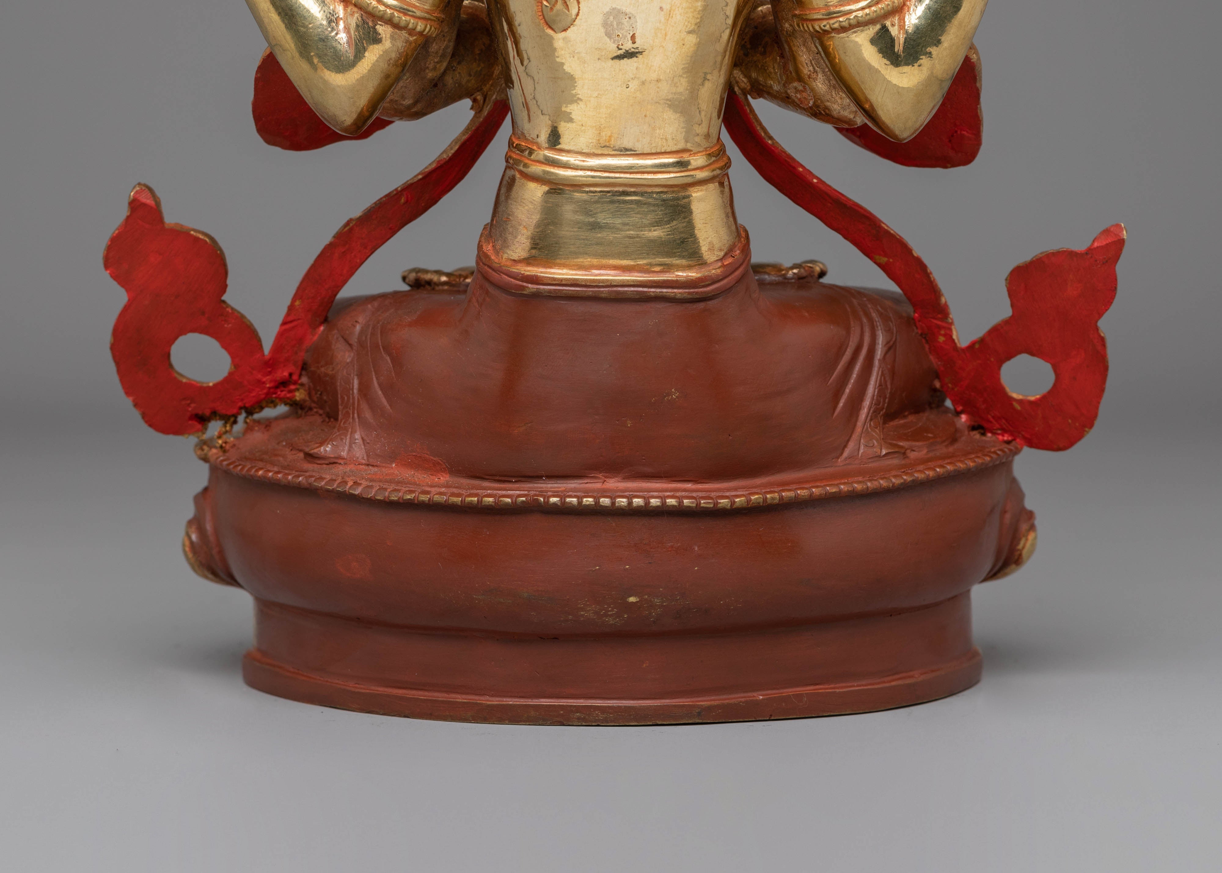 Handcrafted Tibetan Chenrezig Sculpture | Gold-Plated with Coral & Turquoise