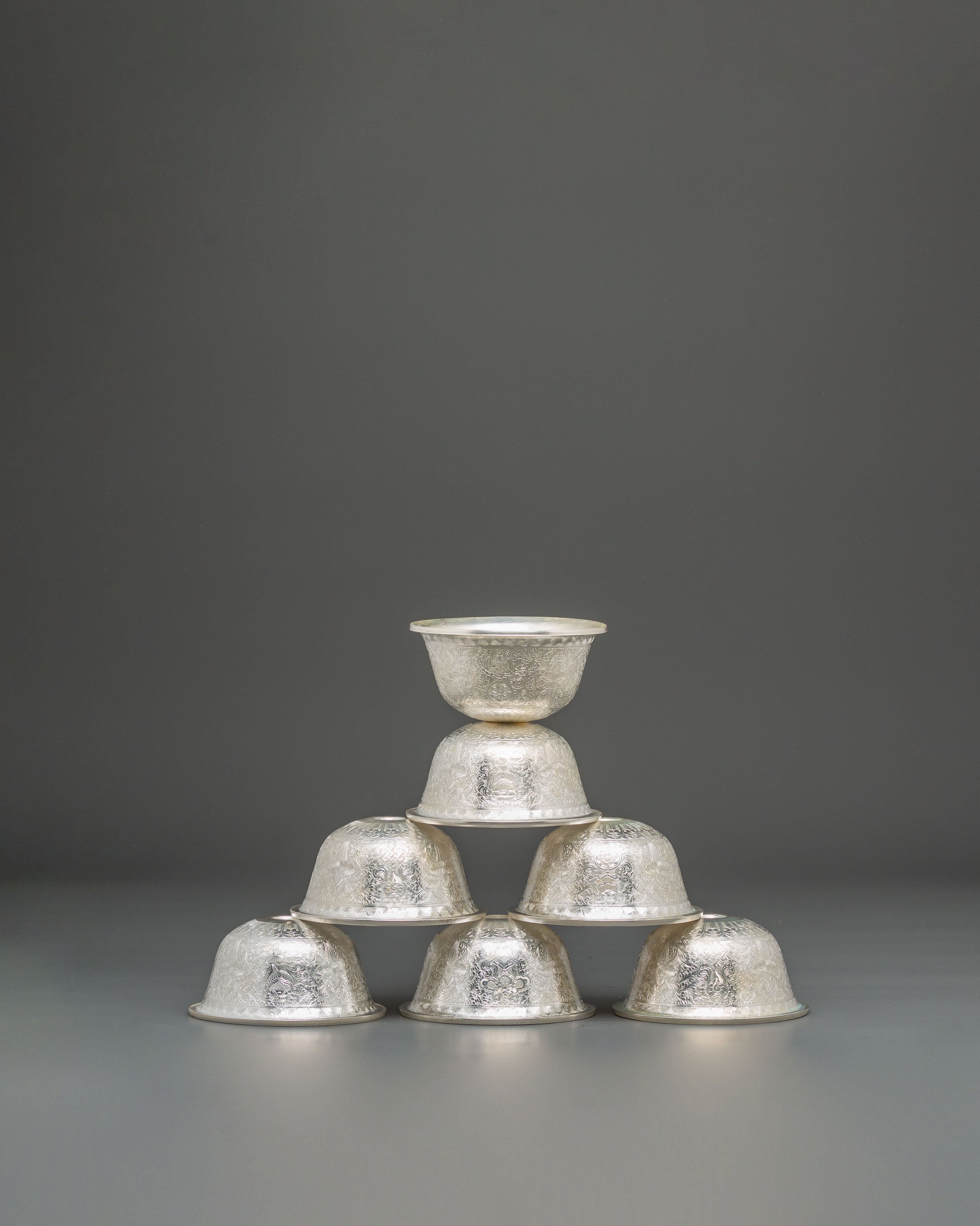Copper Ritual Offering Bowl Set | Silver Plated Buddhist Altar Bowl