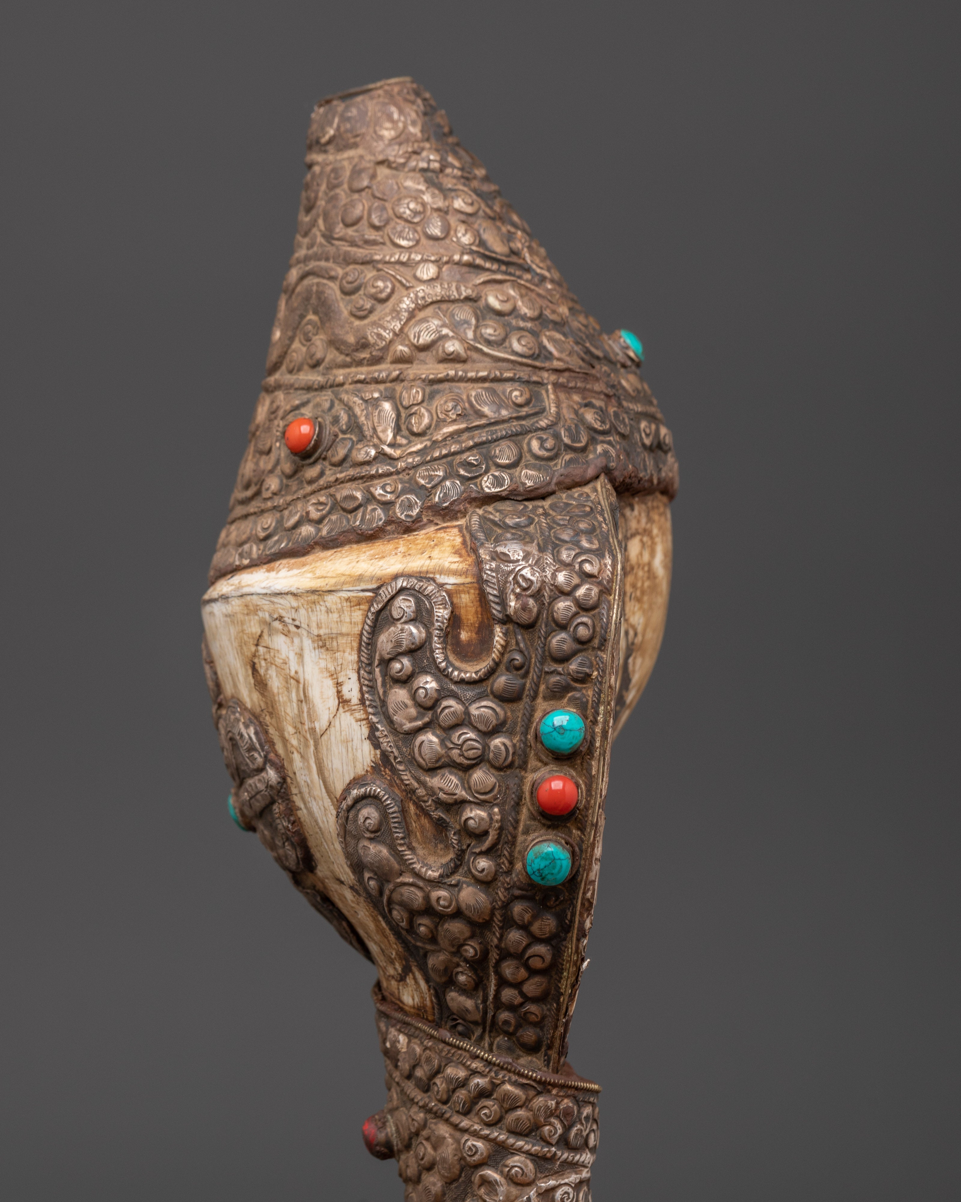 Buddhist Copper Conch Shell | Tibetan Ritual Trumpet with Coral and Turquoise