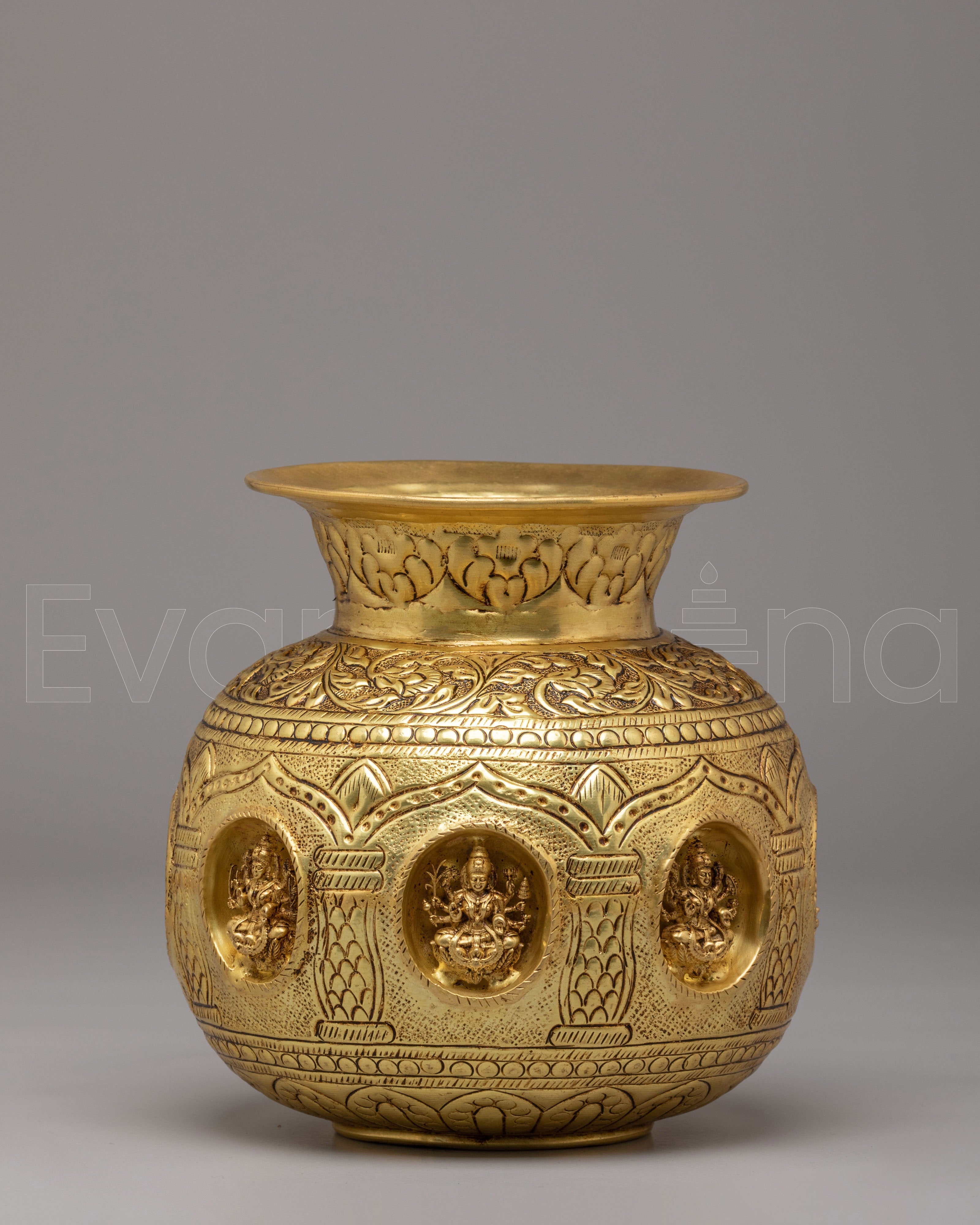 Deities Carved Kalash | Brass Sacred Vessel | Handcrafted Altar Ornament