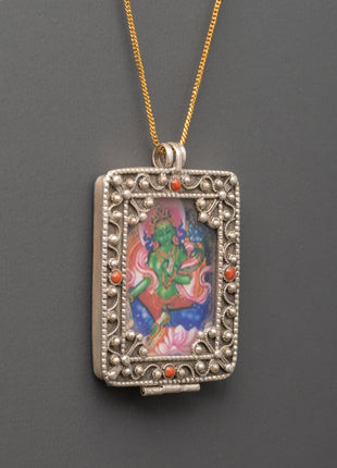 Green Tara Silver Sacred Locket | Buddhist Locket for Inner Peace and Swift Protection