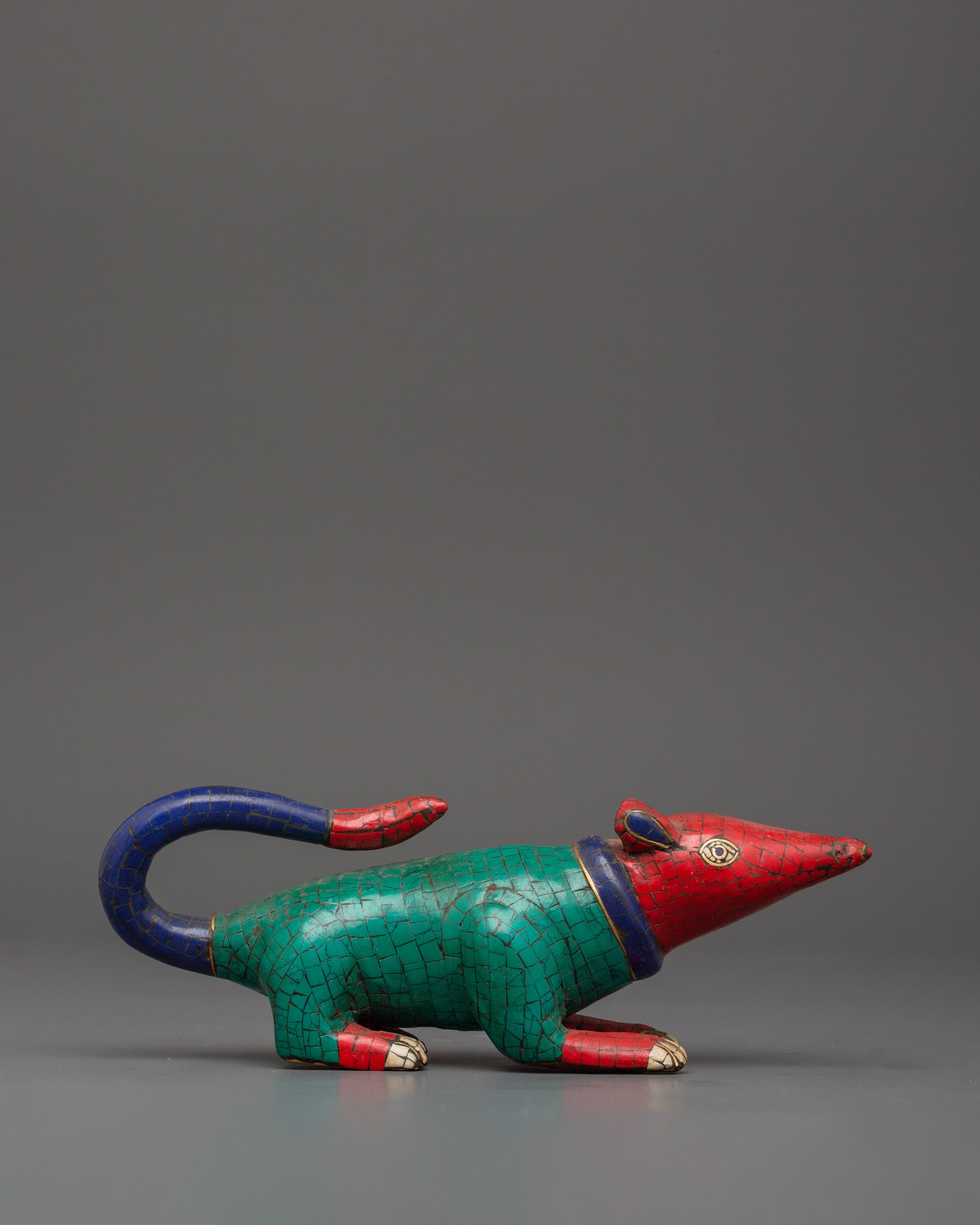 Brass Mouse Statue Set with Turquoise & Coral Inlay | Ganesh Mouse Idol