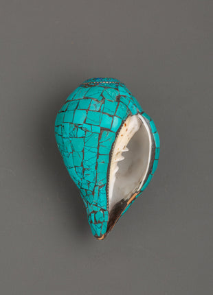 Conch Shell With Turquoise and Coral Stones | Buddhist Ritual Conch