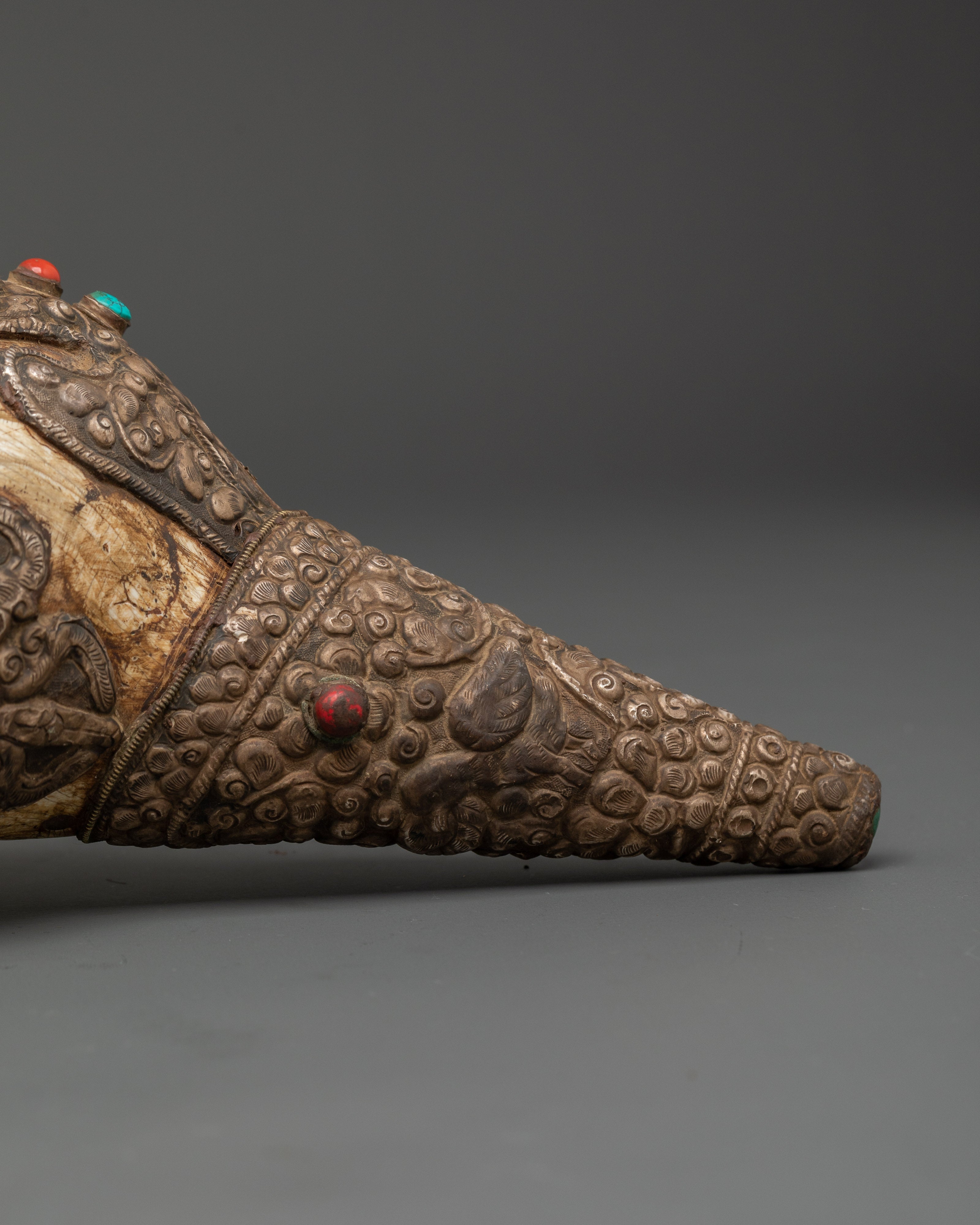 Buddhist Copper Conch Shell | Tibetan Ritual Trumpet with Coral and Turquoise
