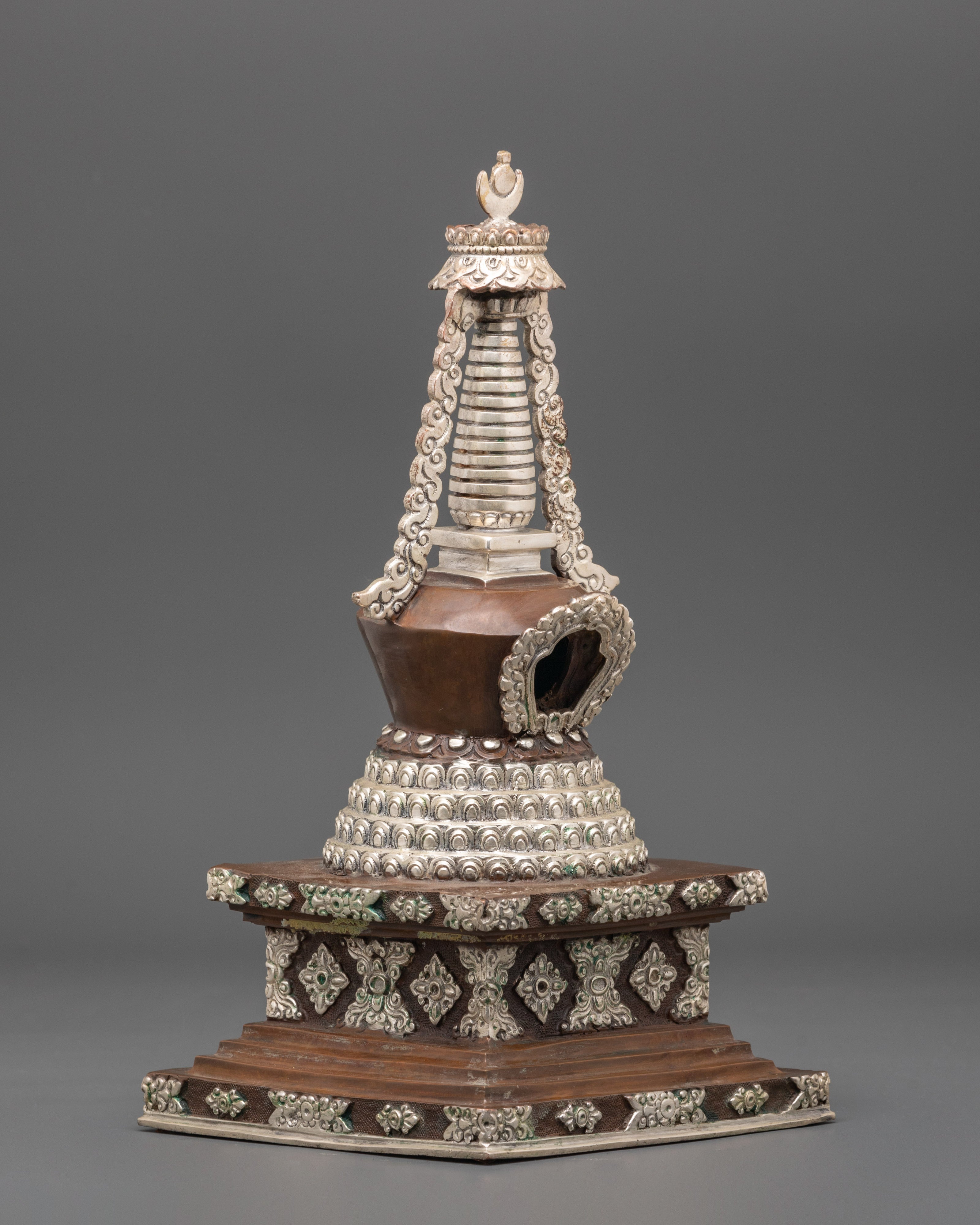 Buddhist Meditation Stupa | Silver Plated Oxidized Copper Altar Decor