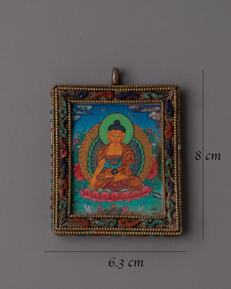 Shakyamuni Buddha Thangka Locket | Buddhist Art Pendant with Hand-Painted Thangka