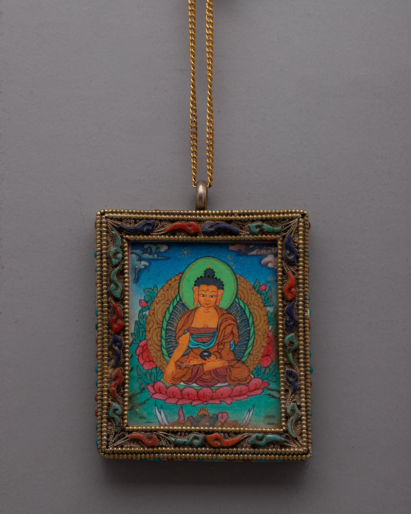 Shakyamuni Buddha Thangka Locket | Buddhist Art Pendant with Hand-Painted Thangka