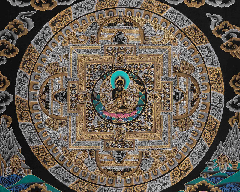 Black Silver and Gold Buddha Mandala | Traditional Tibetan Buddhist Art