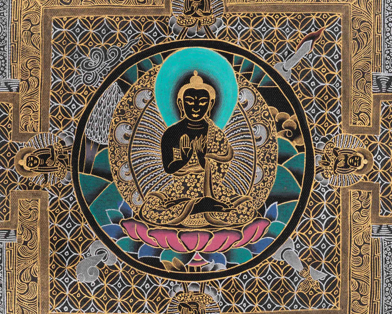 Black Silver and Gold Buddha Mandala | Traditional Tibetan Buddhist Art