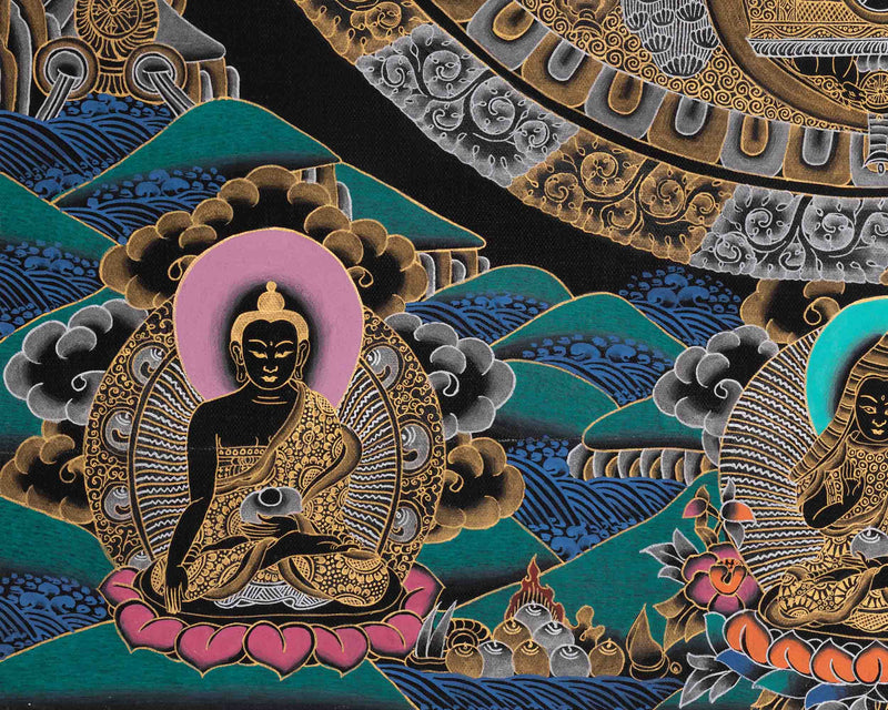 Black Silver and Gold Buddha Mandala | Traditional Tibetan Buddhist Art