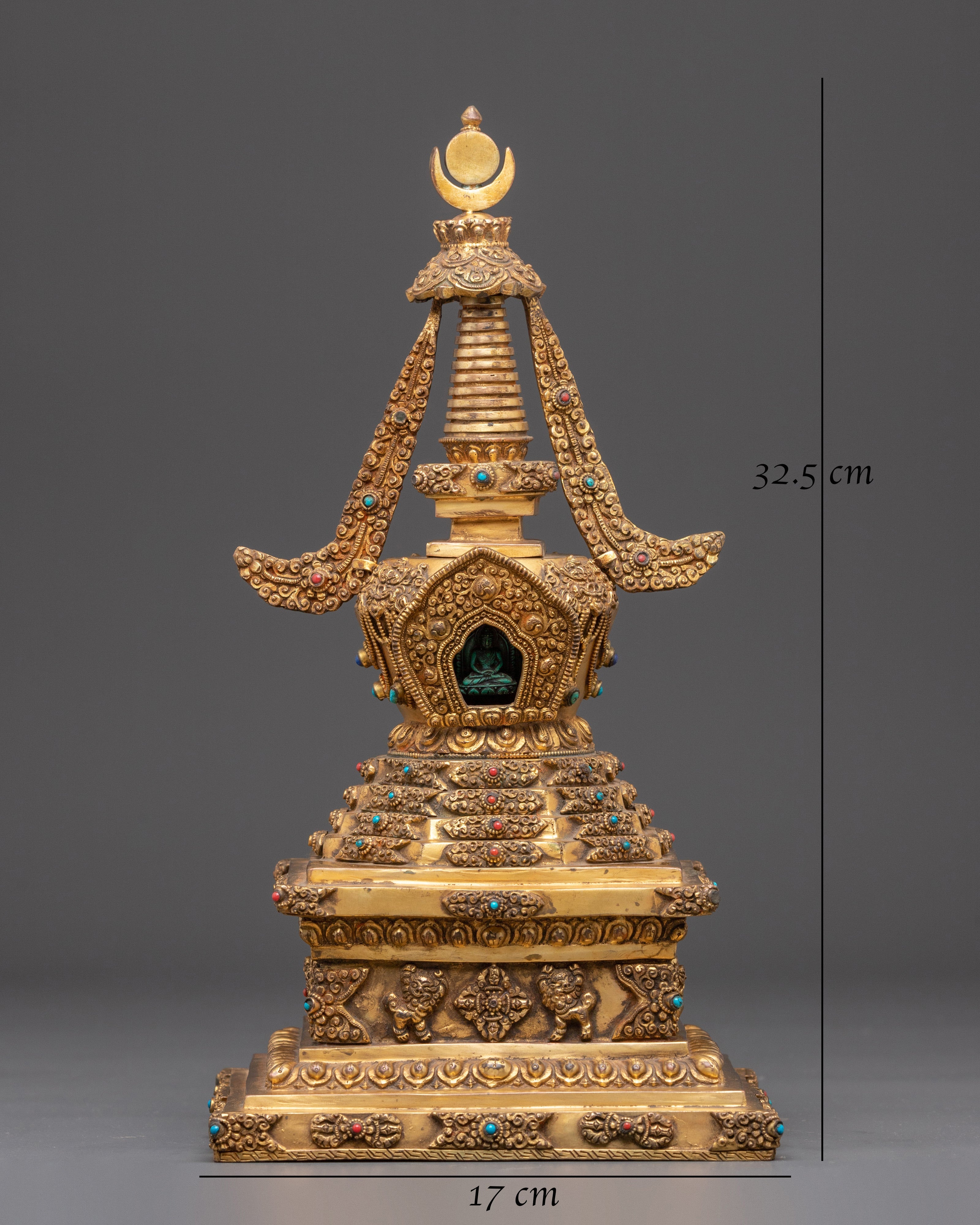 Sacred Stupa Containing Amitābha Buddha | Gold Plated Copper with Turquoise Inlay