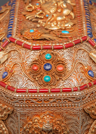 Tibetan Decorative Treasure Box | Buddhist Treasure Box with Turquoise & Coral Inlays