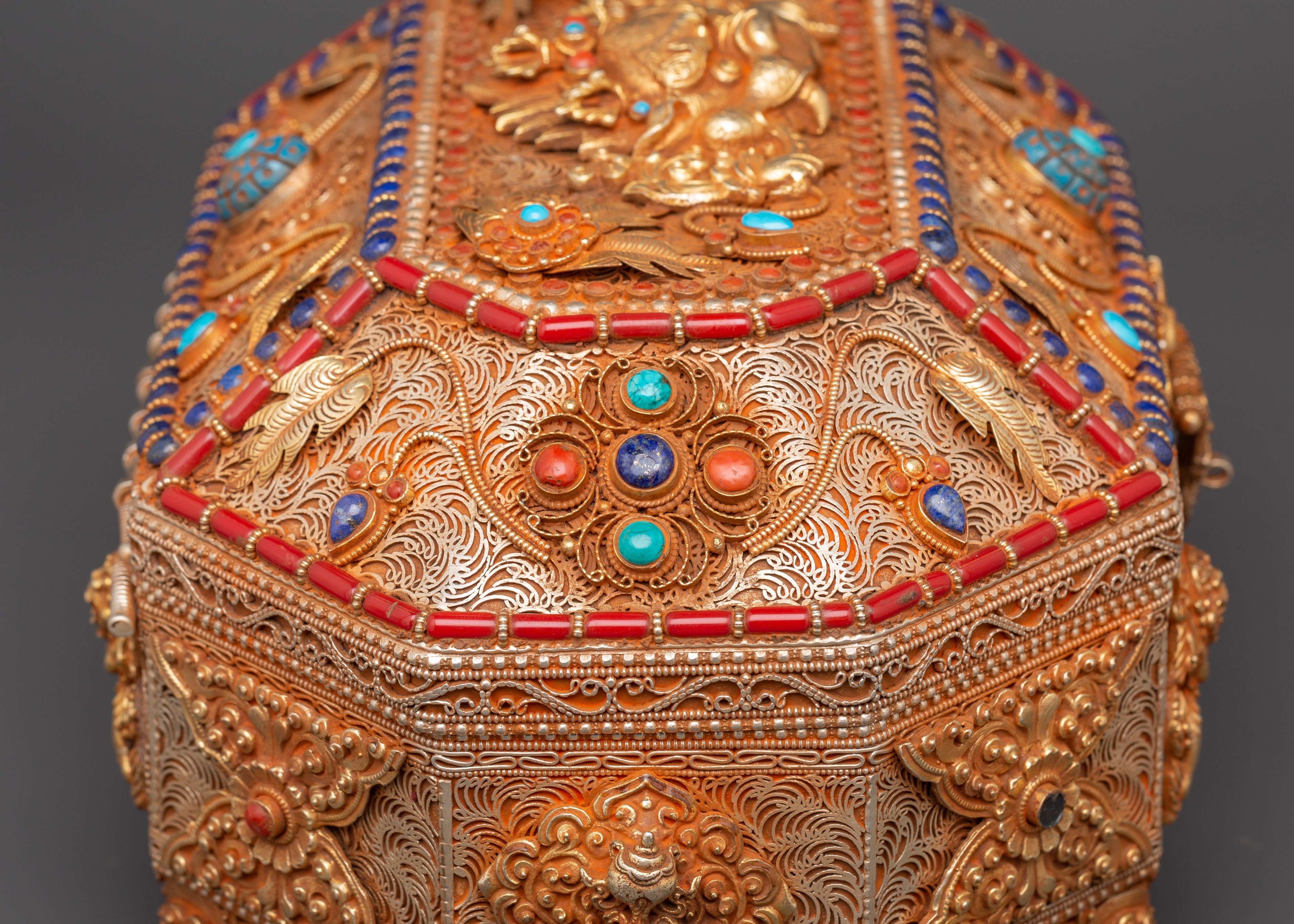 Tibetan Decorative Treasure Box | Buddhist Treasure Box with Turquoise & Coral Inlays