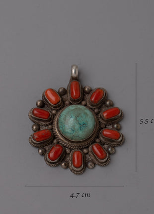 Turquoise and Coral Pendant |  Sterling Silver Handmade Necklace
