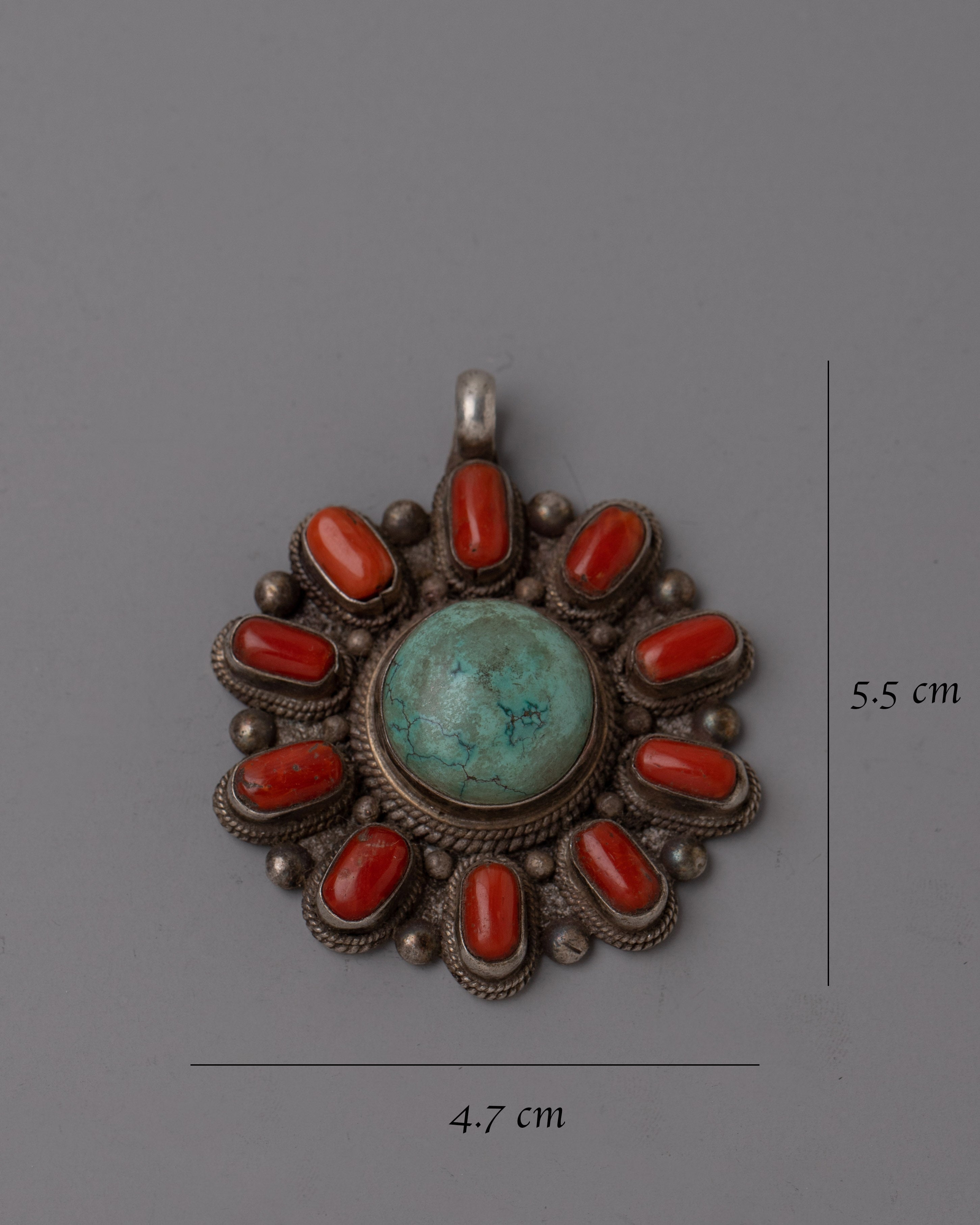 Turquoise and Coral Pendant |  Sterling Silver Handmade Necklace