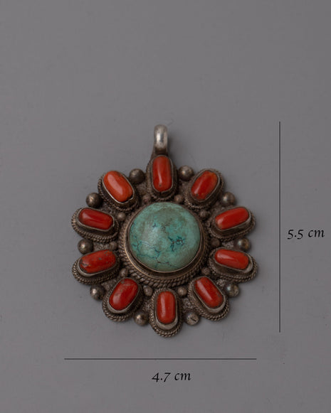 Turquoise and Coral Pendant |  Sterling Silver Handmade Necklace