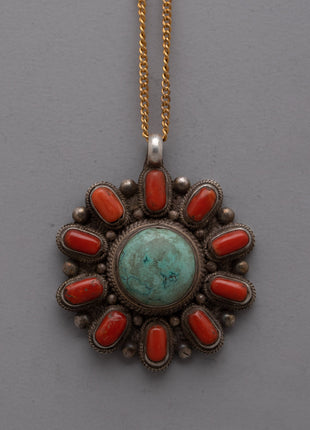 Turquoise and Coral Pendant |  Sterling Silver Handmade Necklace