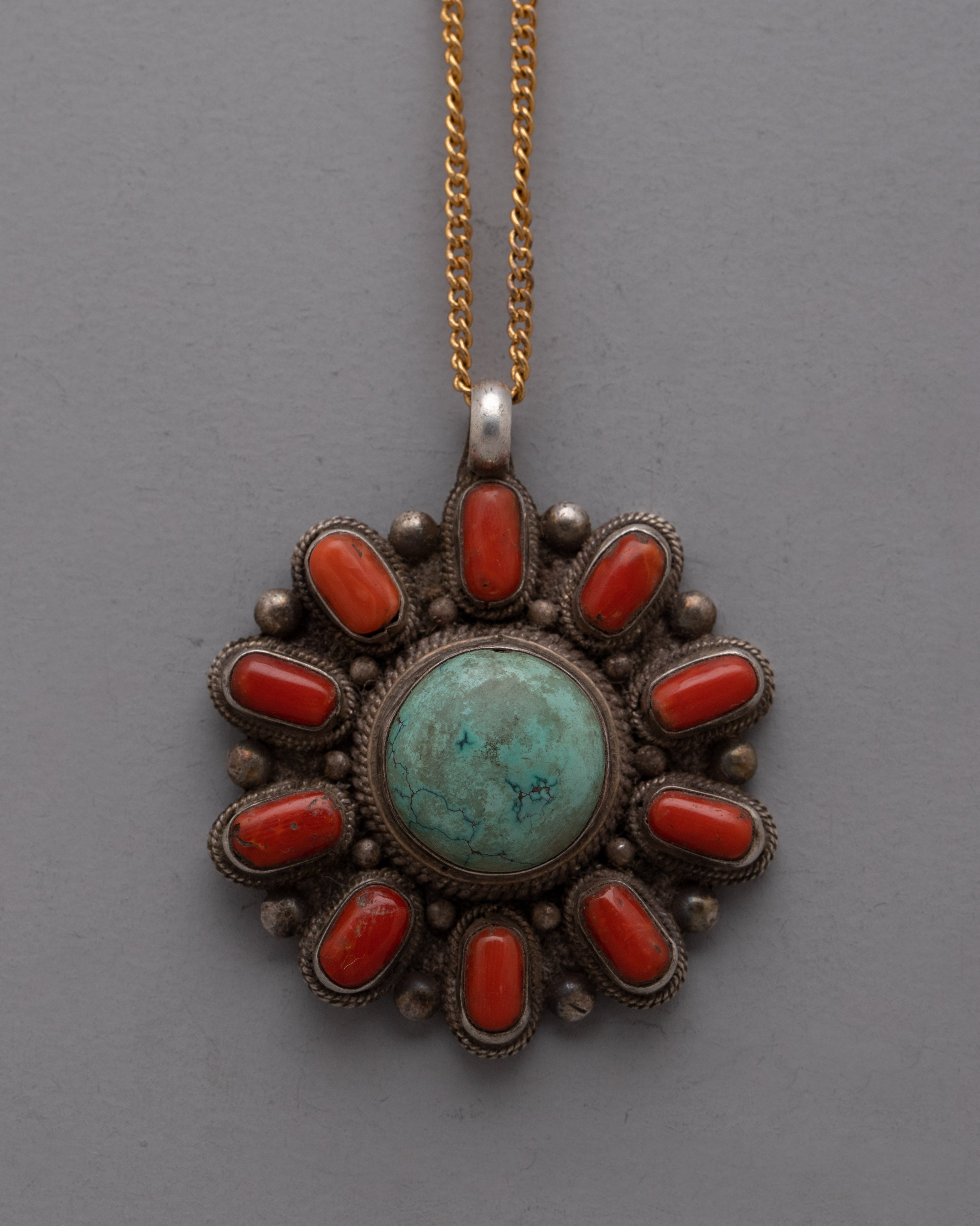 Turquoise and Coral Pendant |  Sterling Silver Handmade Necklace
