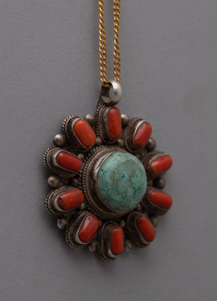 Turquoise and Coral Pendant |  Sterling Silver Handmade Necklace