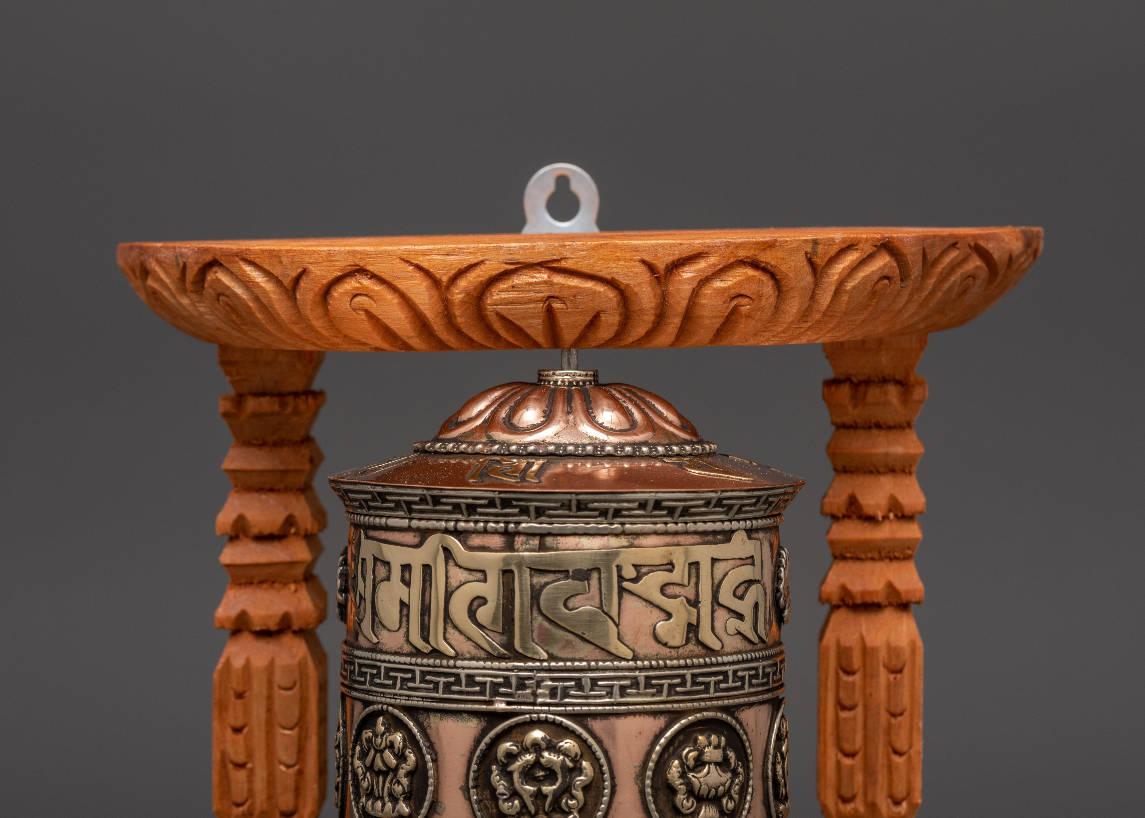 Large Copper & Brass Prayer Wheel | Sacred Wood Frame