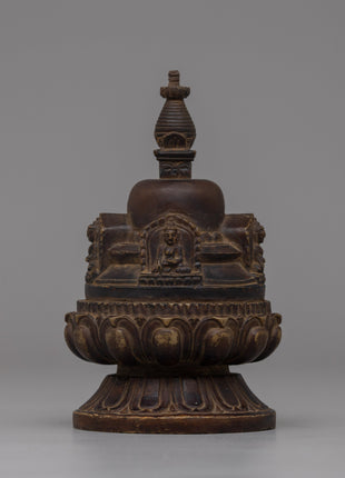 Hand-Carved Copper Stupa with Antique Finish | Buddhist Shrine Decor