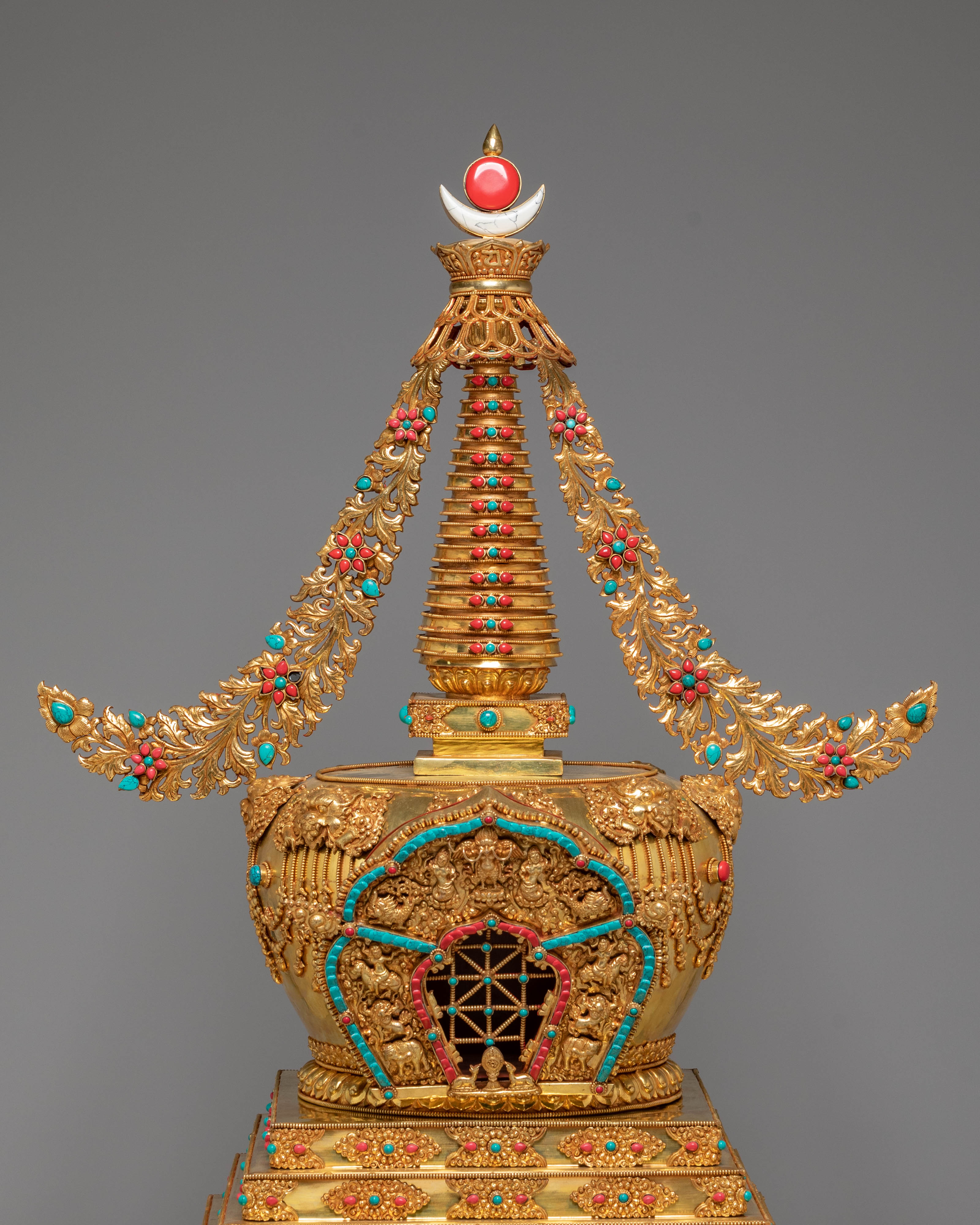 Gold Plated Tibetan Sacred Stupa | Exquisite Buddhist Stupa Sculpture