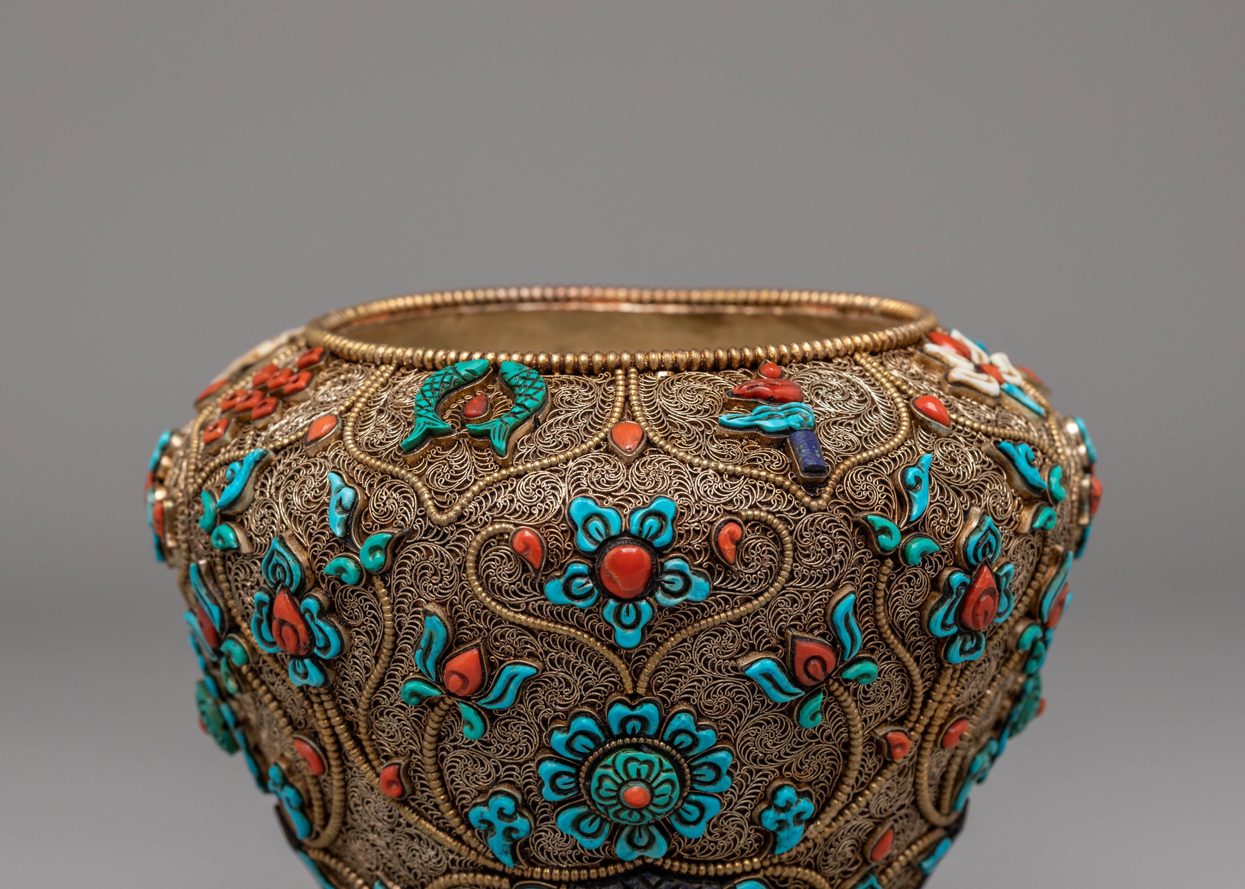 Buddhist Ritual Rice Offering Pot | Copper & Silver Plated with Gemstones