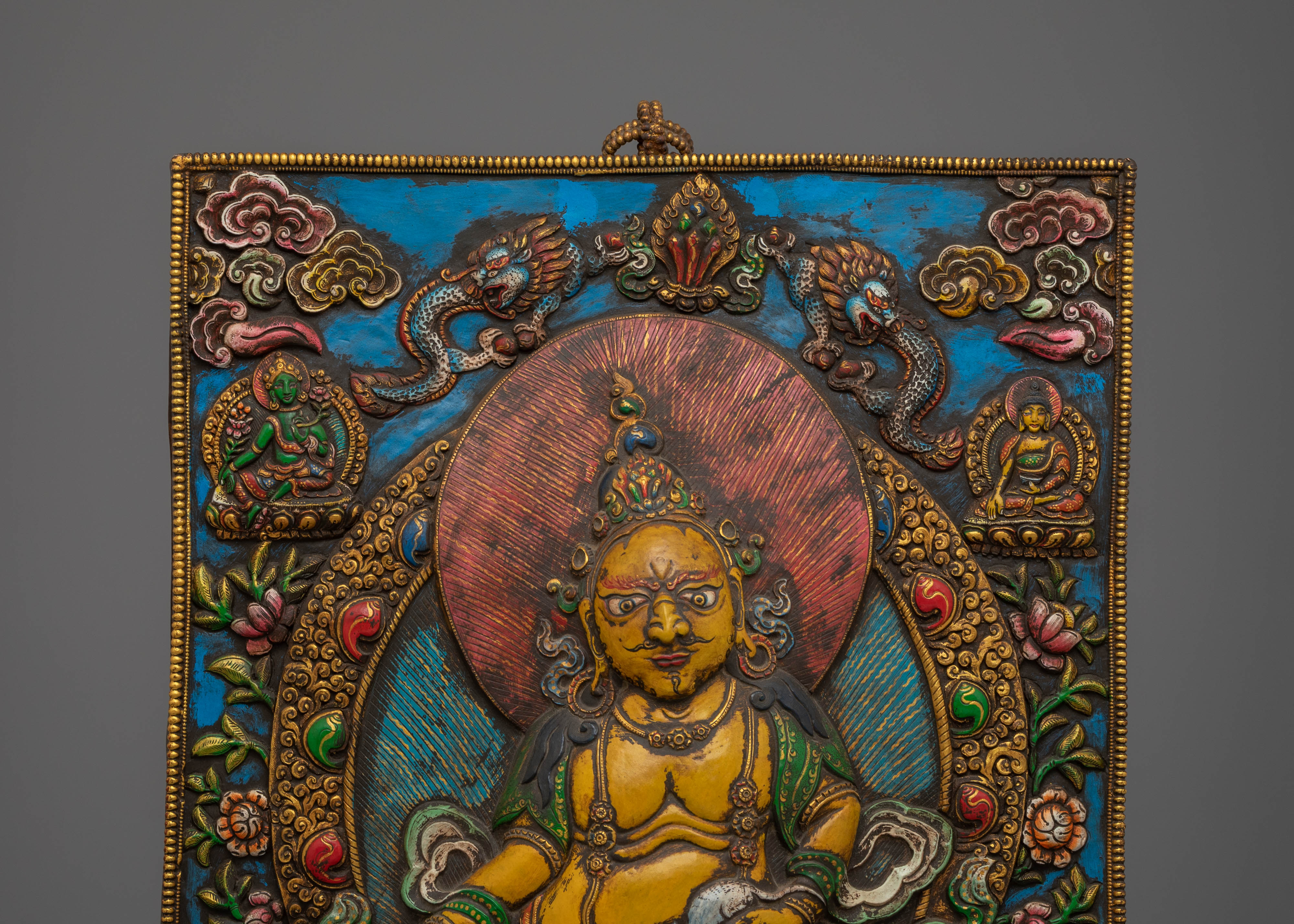 Sacred Yellow Dzambhala Wall Hanging | Tibetan Copper Art for Prosperity