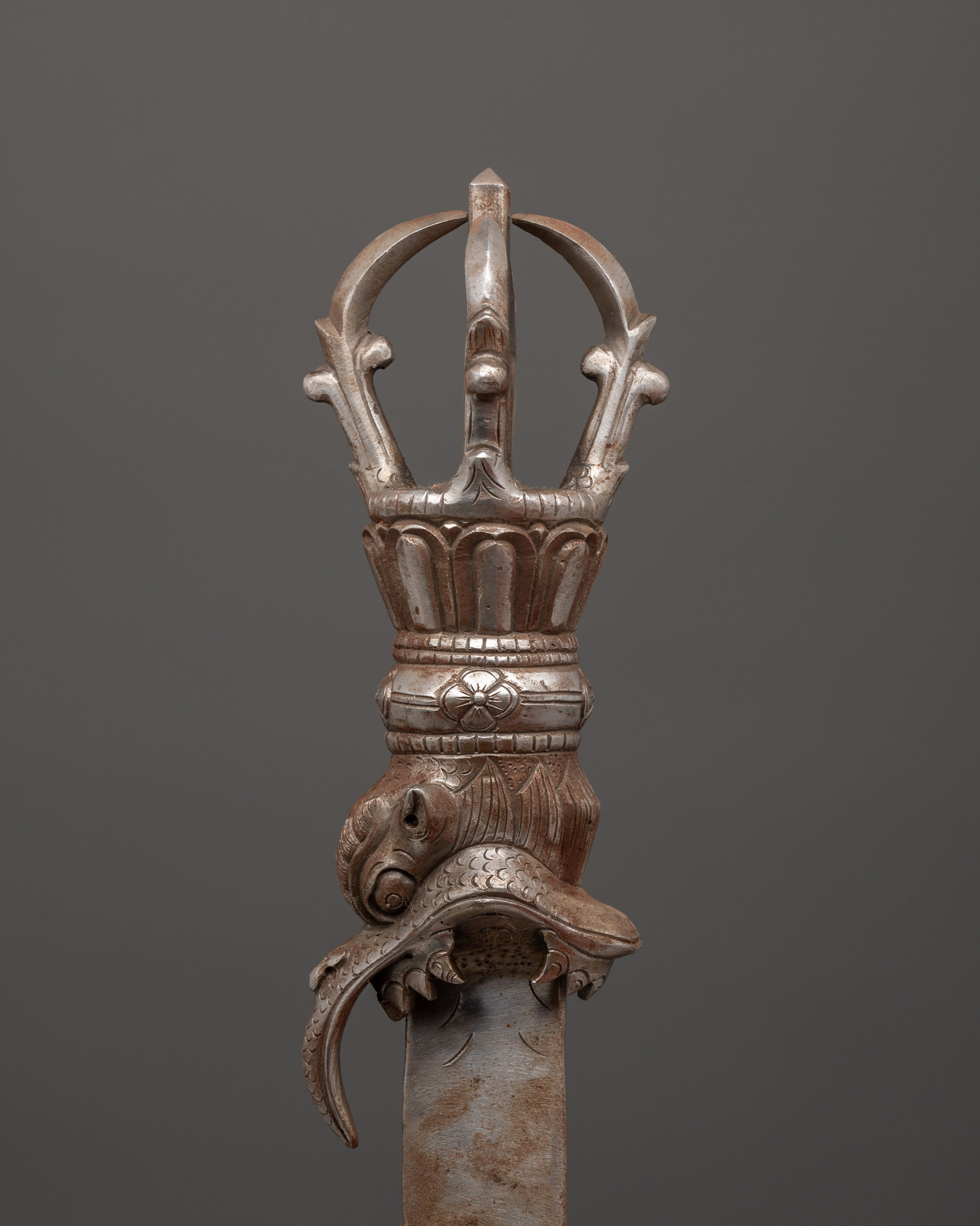Iron Ritual Sword with Flame Design & Half Vajra | Spiritual Blade