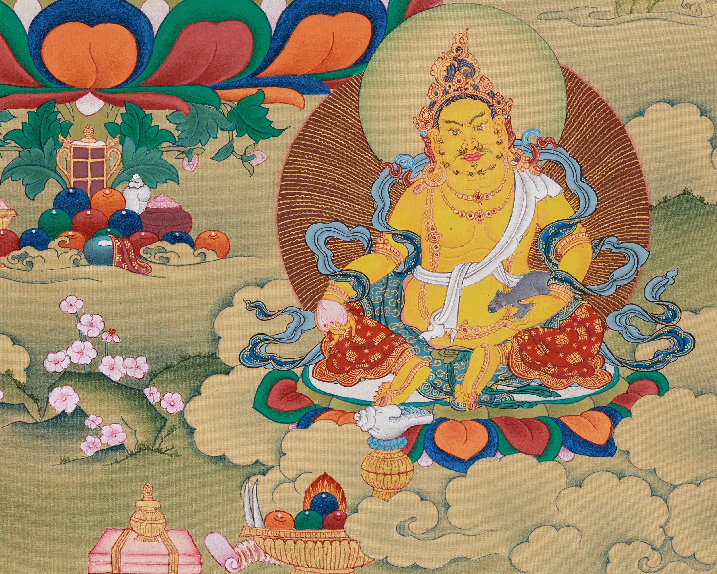Manjushri with White Tara, Dzambhala, and Mitrupa | Tibetan Bodhisattva Painting