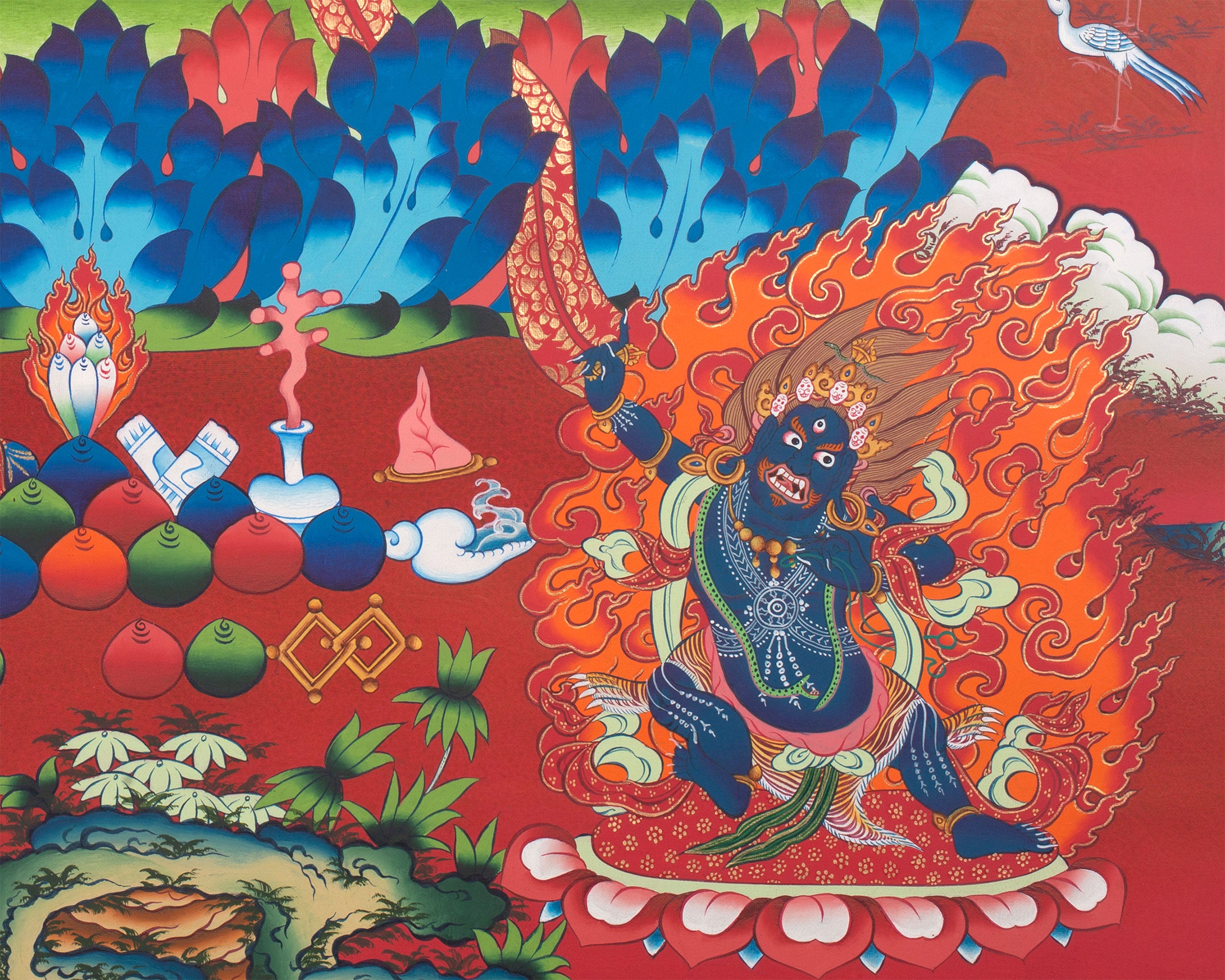Sacred Manjushri Tibetan Thangka | Wisdom Deity on Vibrant Red Canvas
