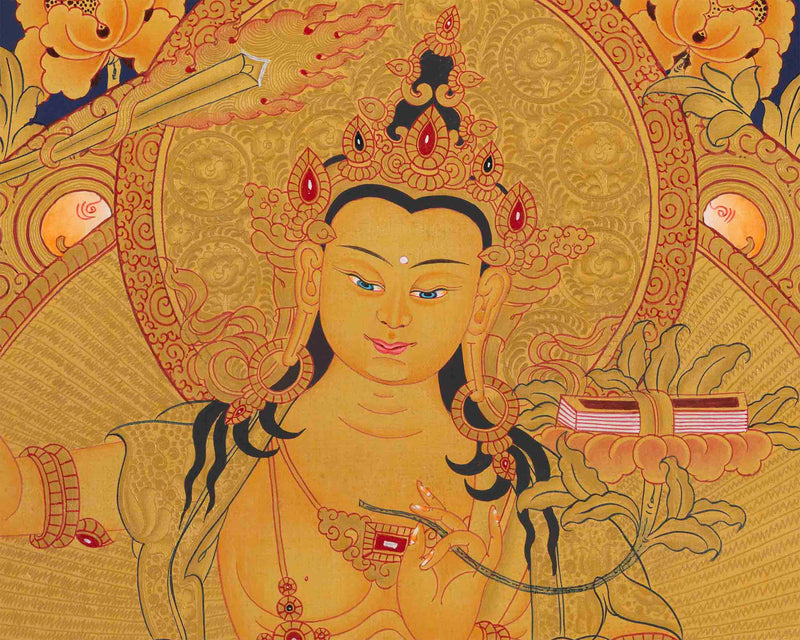 Manjushree Thangka Painting | 24K Gold Style Art | Religious Wall Decors