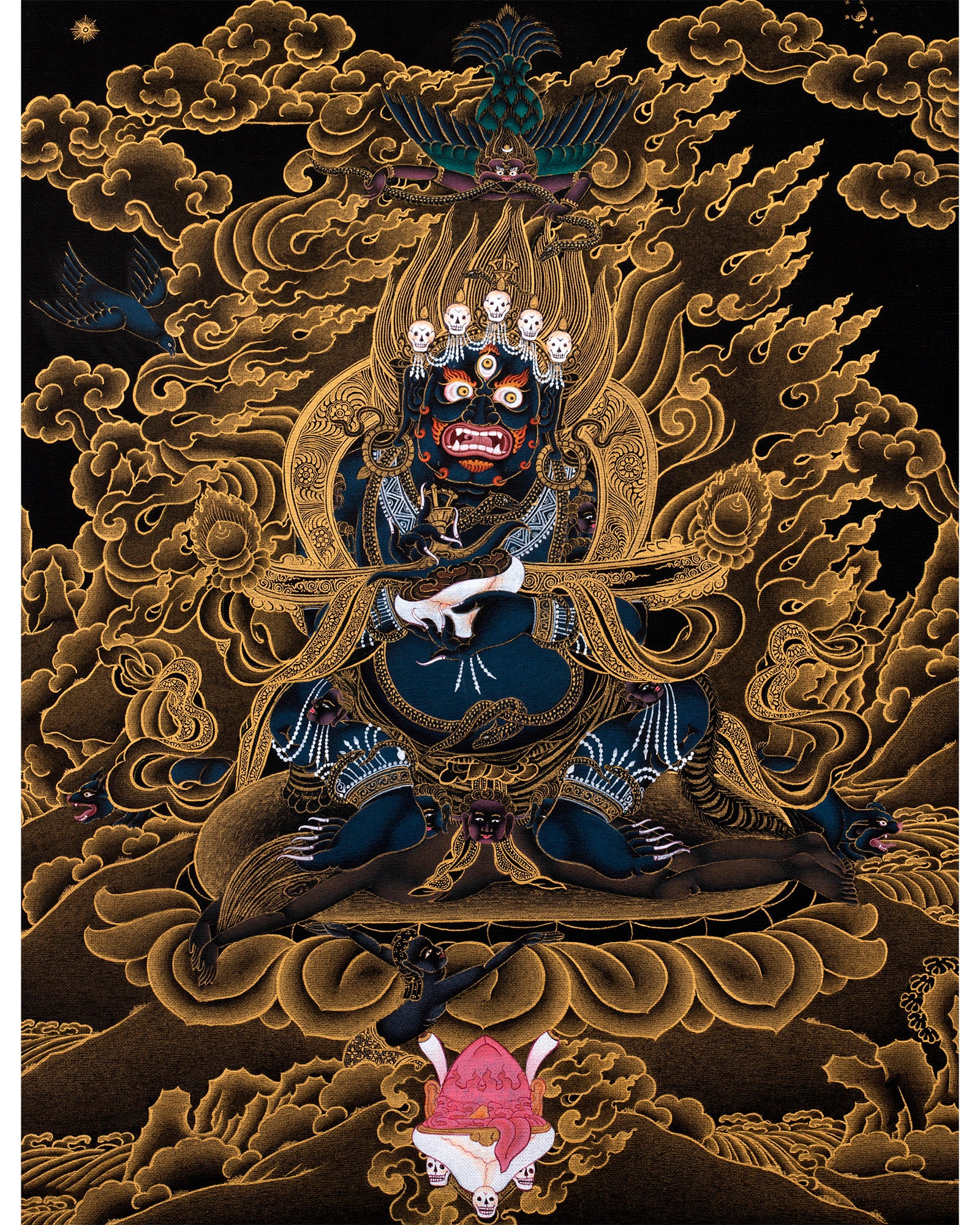 Sakya Mahakala Thangka | Hand painted Tibetan Black And Gold Thangka