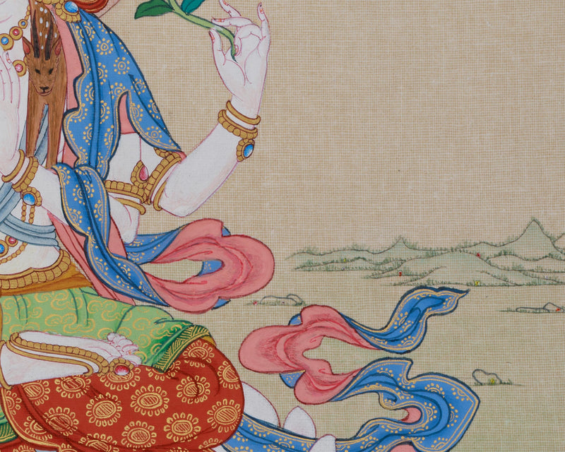 Lord of Compassion Chenrezig Thangka | Original Tibetan Artwork of Bodhisattva Avalokiteshvara