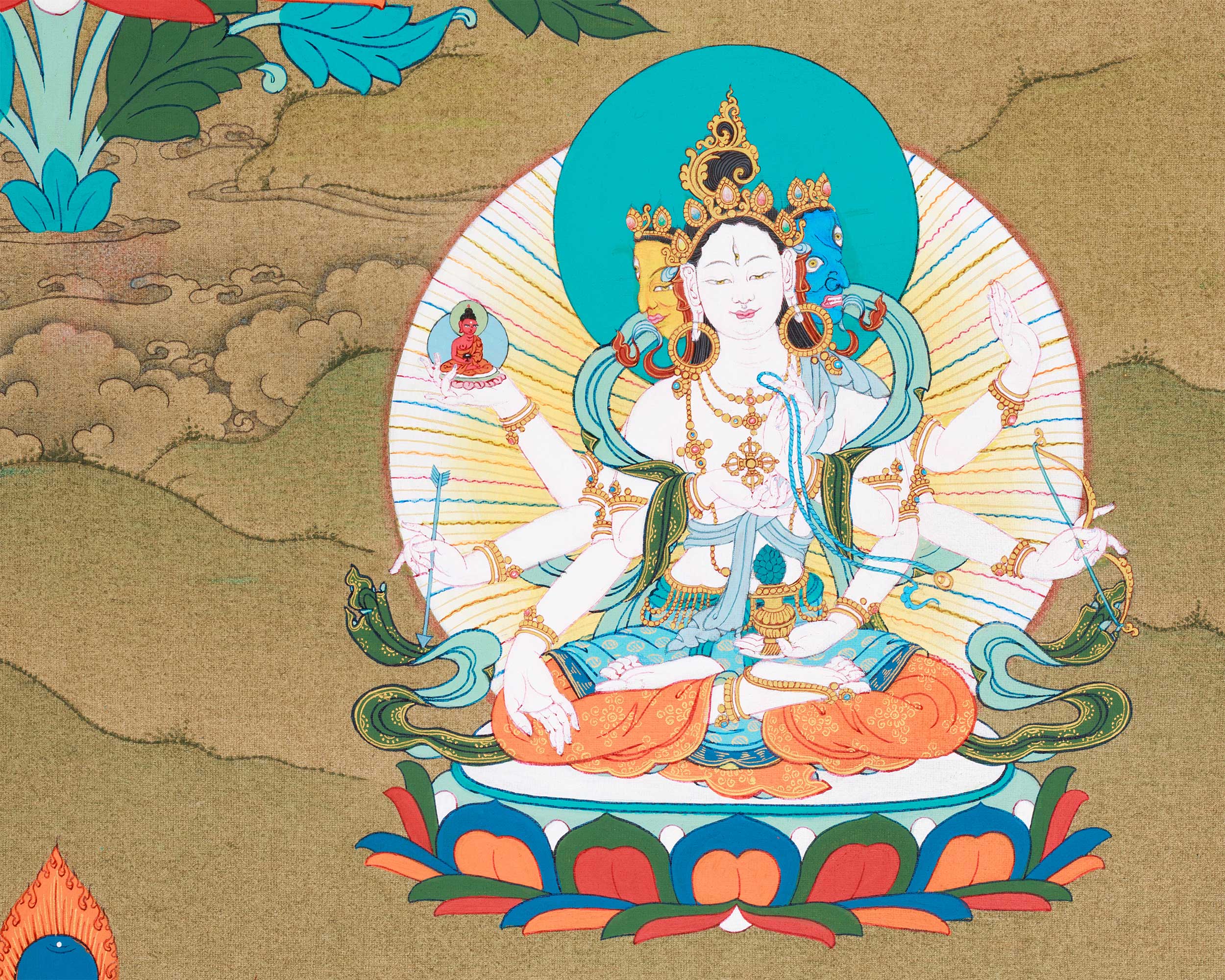 Long Life Buddha Amitayus, White Tara & Namgyalma Thangka | Healing & Protection Deities