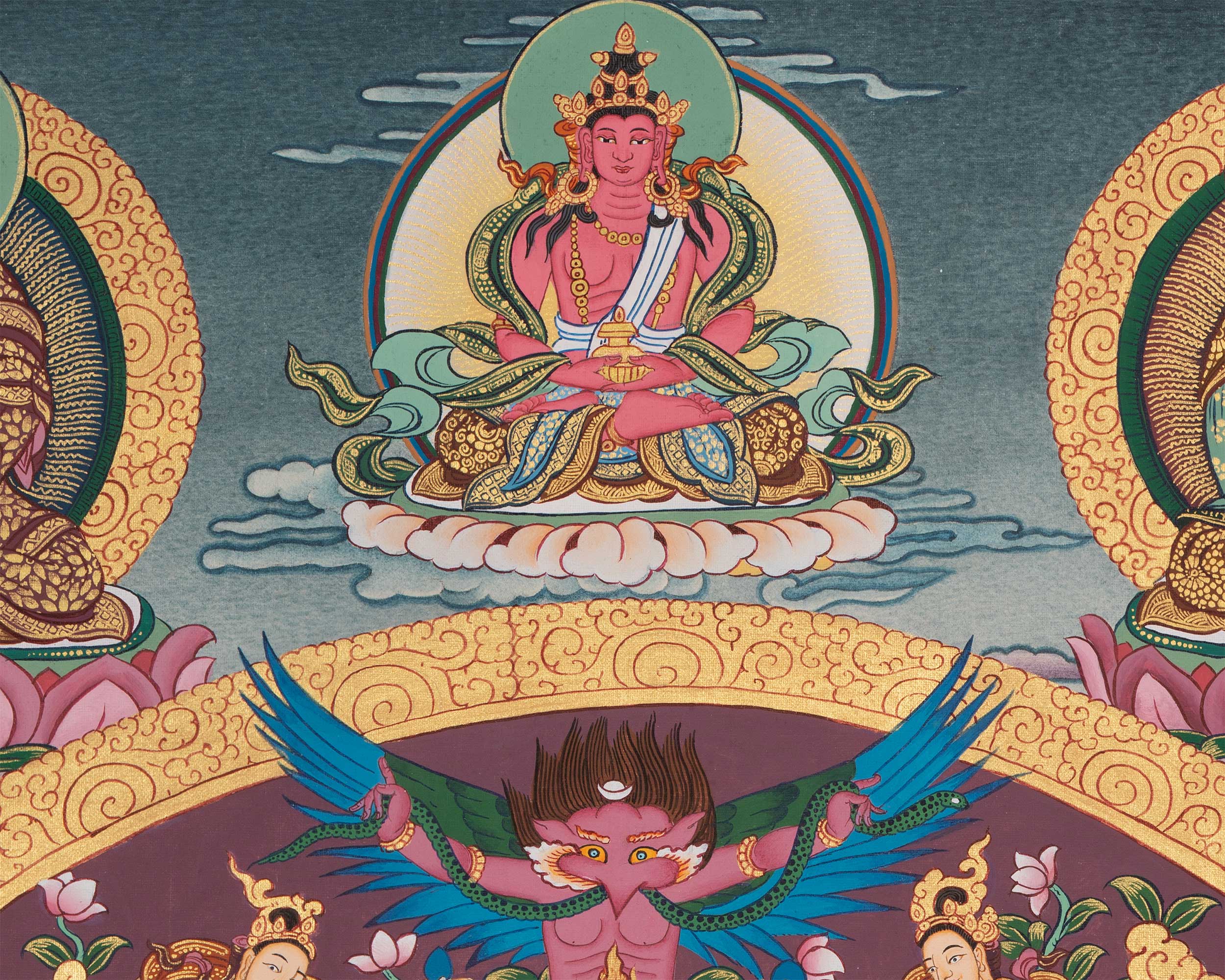 Enlightened One, Shakyamuni Buddha in Celestial Throne | Timeless Thangka Painting