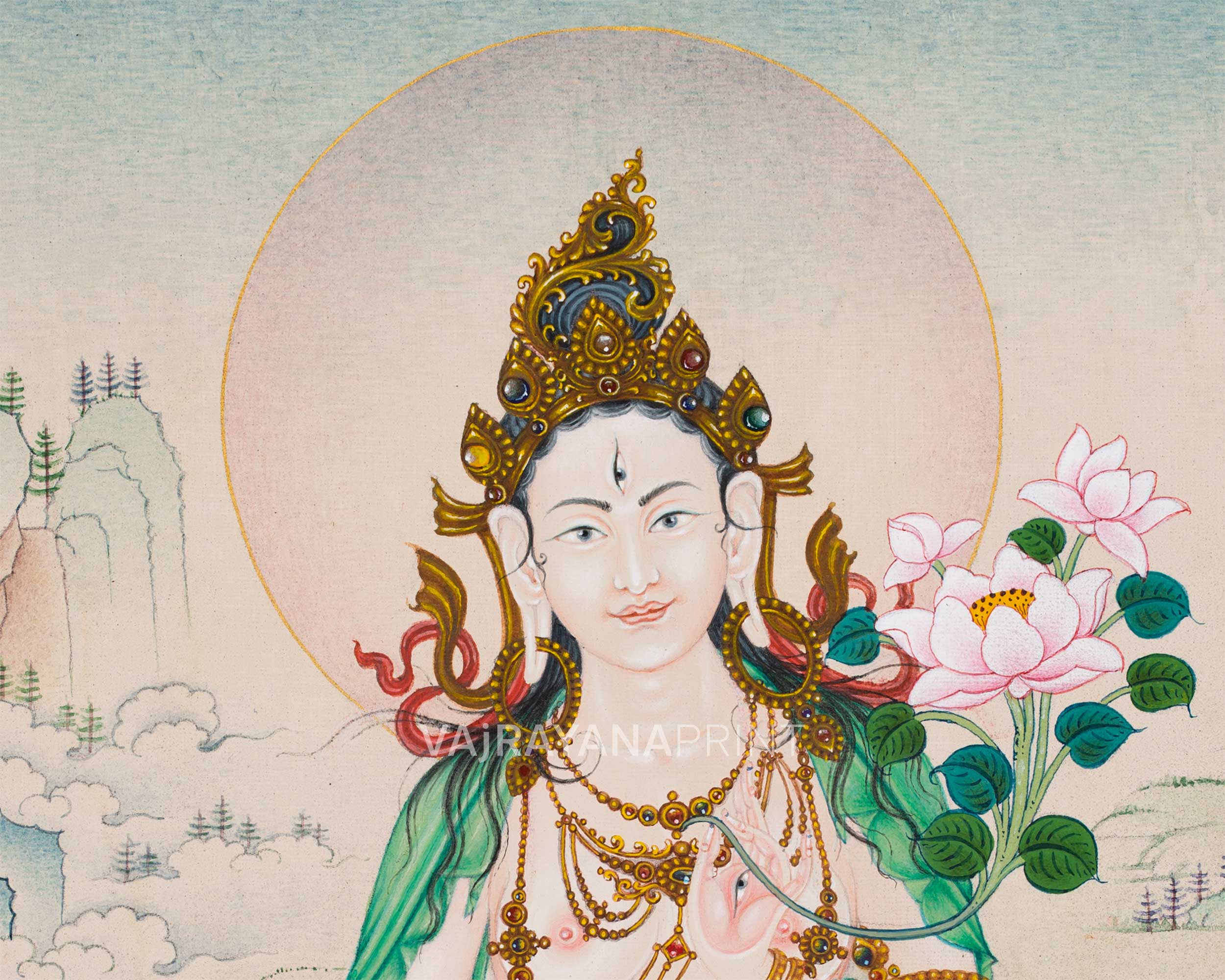 Magnificent Tara Duo: White Tara and Green Tara Thangka Prints