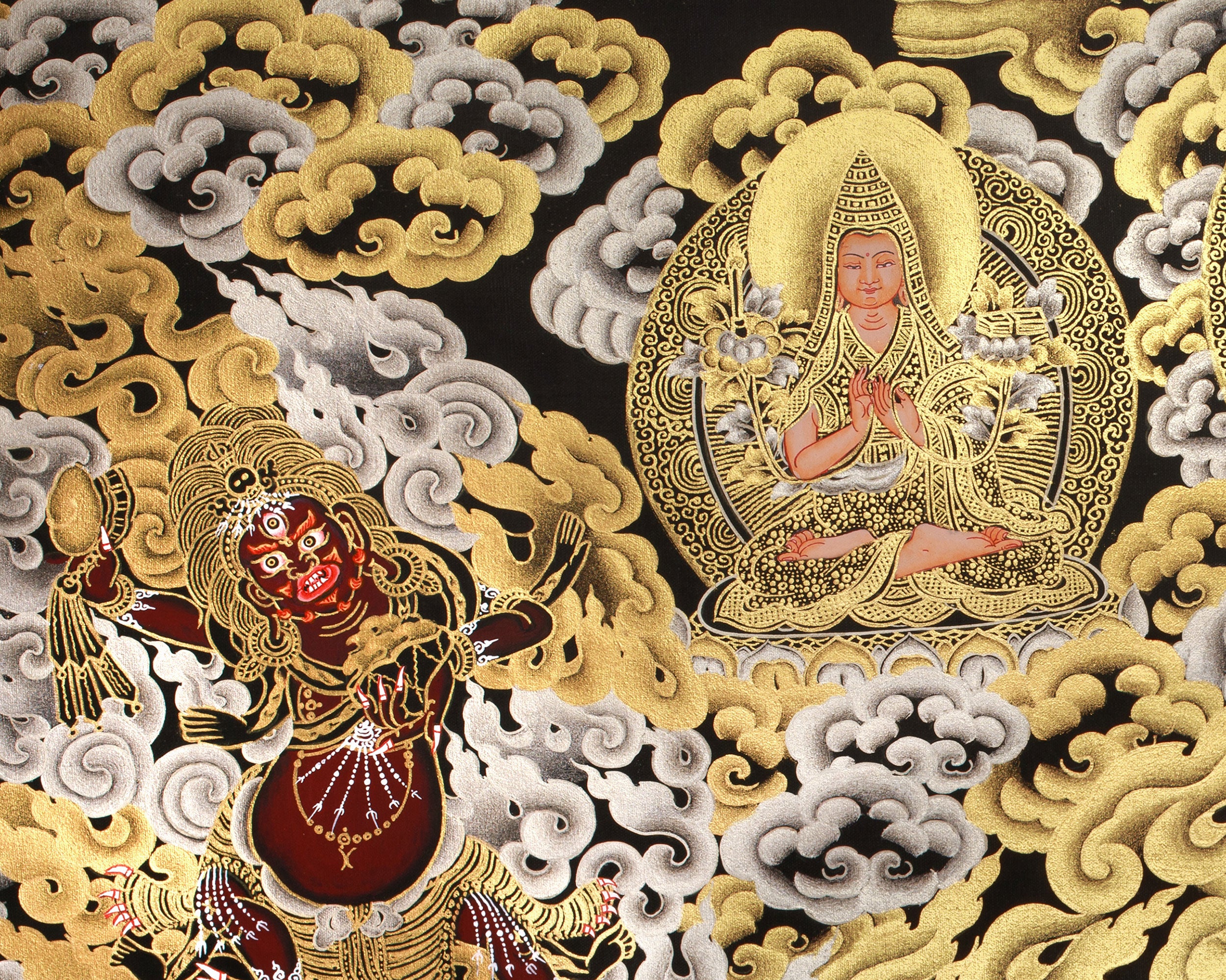 Wrathful Mahakala with Dharma Protectors | Divine Guardian Thangka | Gold and Silver on Black Canvas